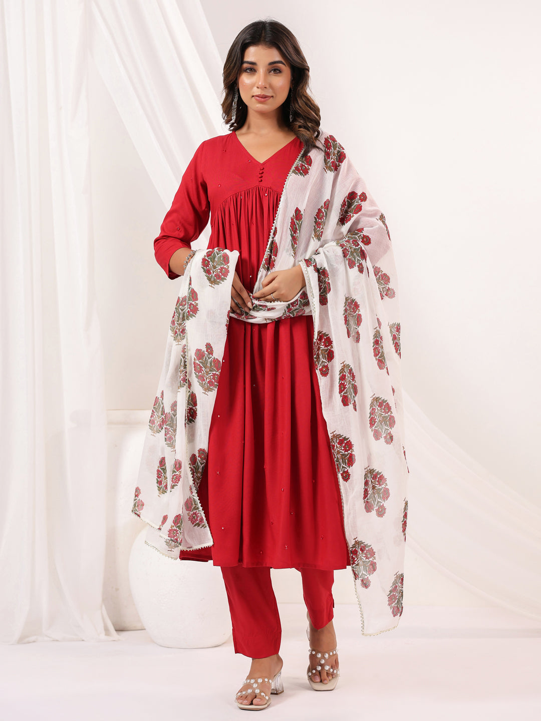 Ninnique Women's Maroon Rayon Embellished Mirror Work A-line Kurta Set