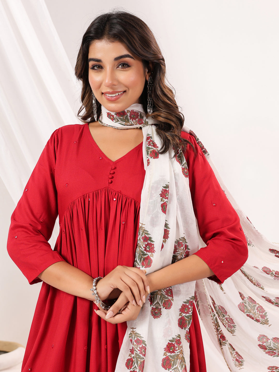 Ninnique Women's Maroon Rayon Embellished Mirror Work A-line Kurta Set