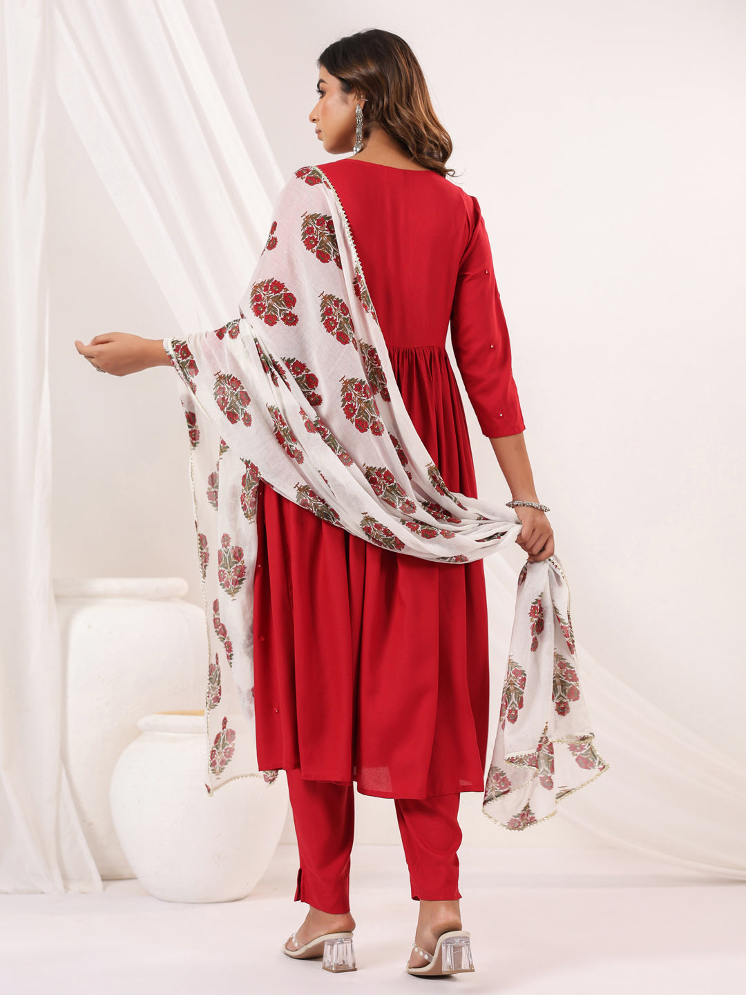 Ninnique Women's Maroon Rayon Embellished Mirror Work A-line Kurta Set