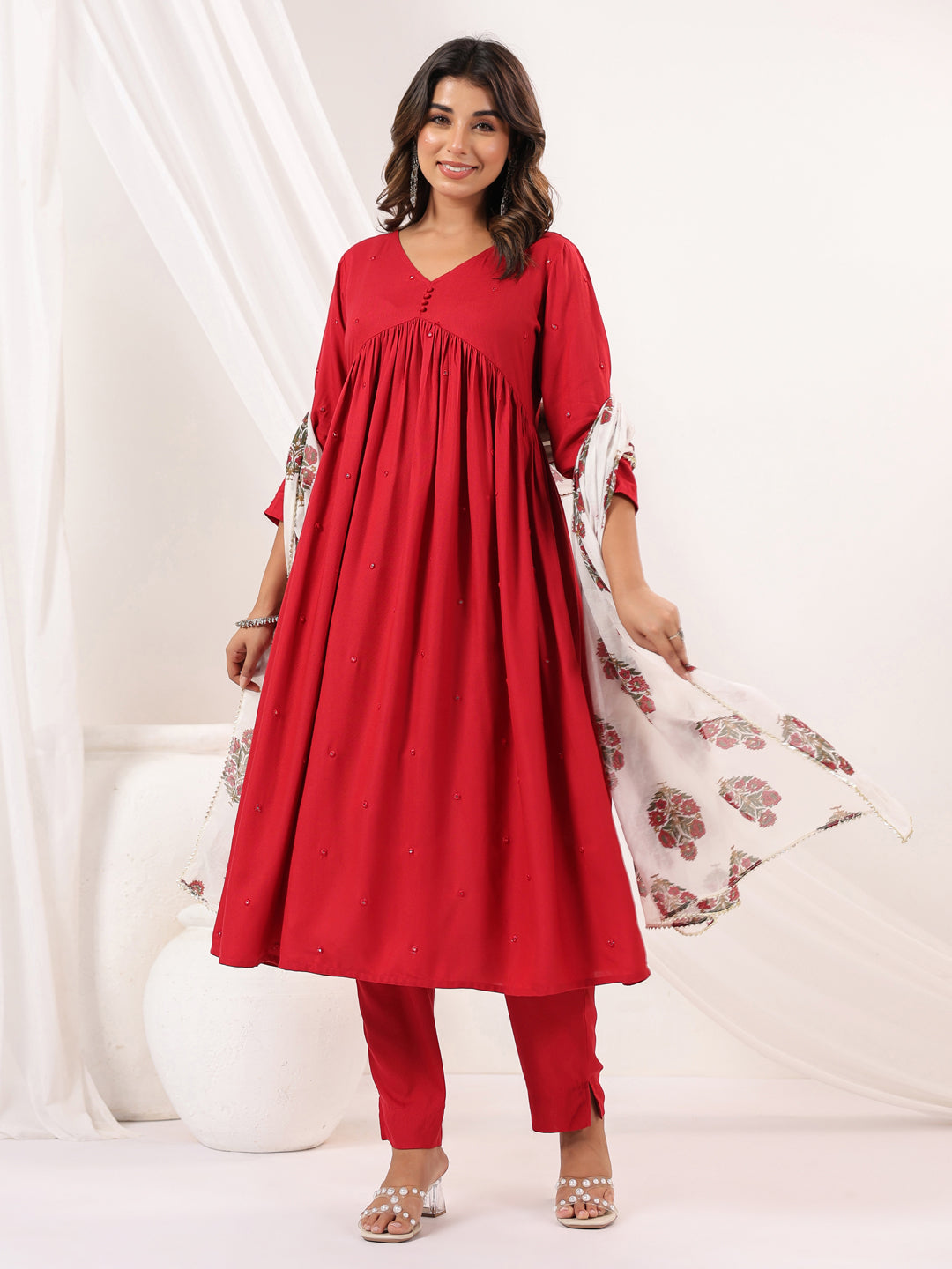 Ninnique Women's Maroon Rayon Embellished Mirror Work A-line Kurta Set