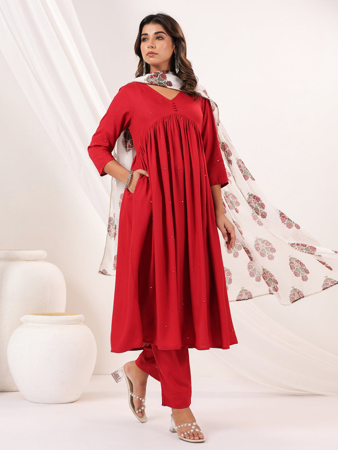 Ninnique Women's Maroon Rayon Embellished Mirror Work A-line Kurta Set