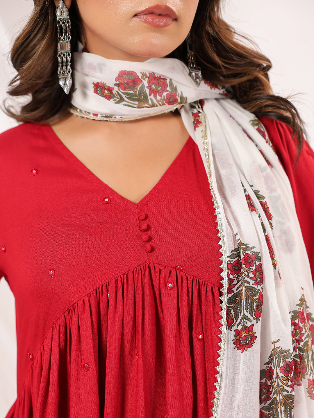 Ninnique Women's Maroon Rayon Embellished Mirror Work A-line Kurta Set