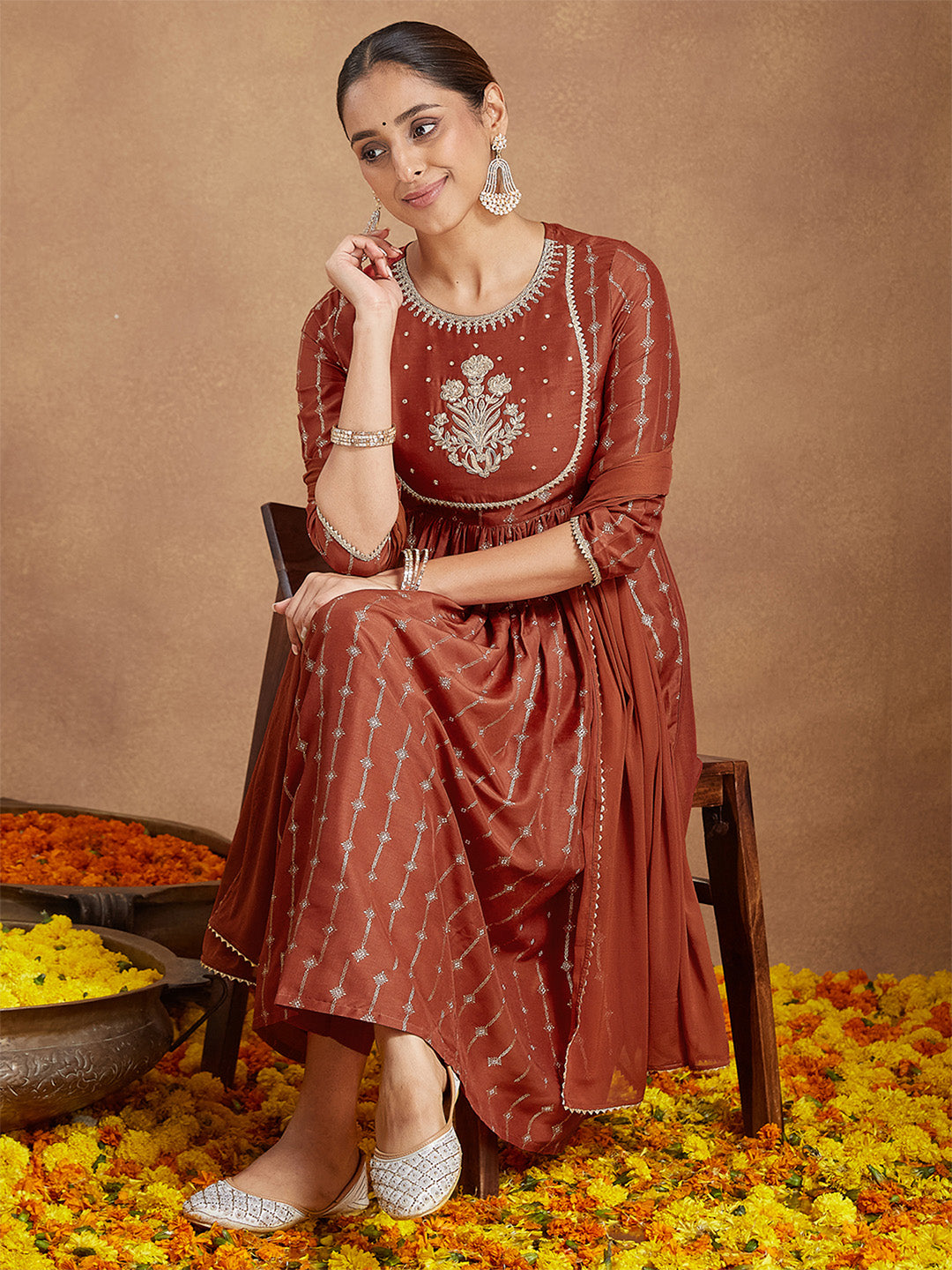 Ninnique Women's Rust Silk Blend Yoke Embroidered Gold Printed A-line Kurta Set With Dupatta
