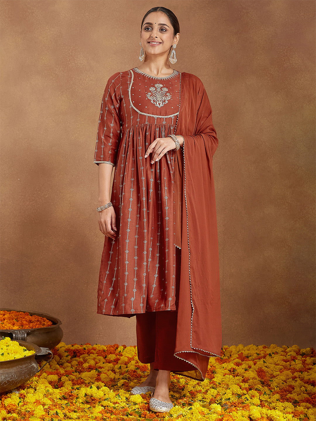 Ninnique Women's Rust Silk Blend Yoke Embroidered Gold Printed A-line Kurta Set With Dupatta
