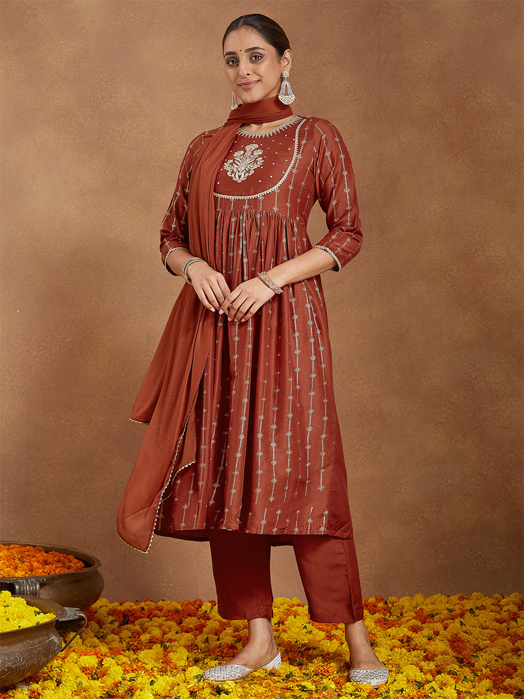 Ninnique Women's Rust Silk Blend Yoke Embroidered Gold Printed A-line Kurta Set With Dupatta