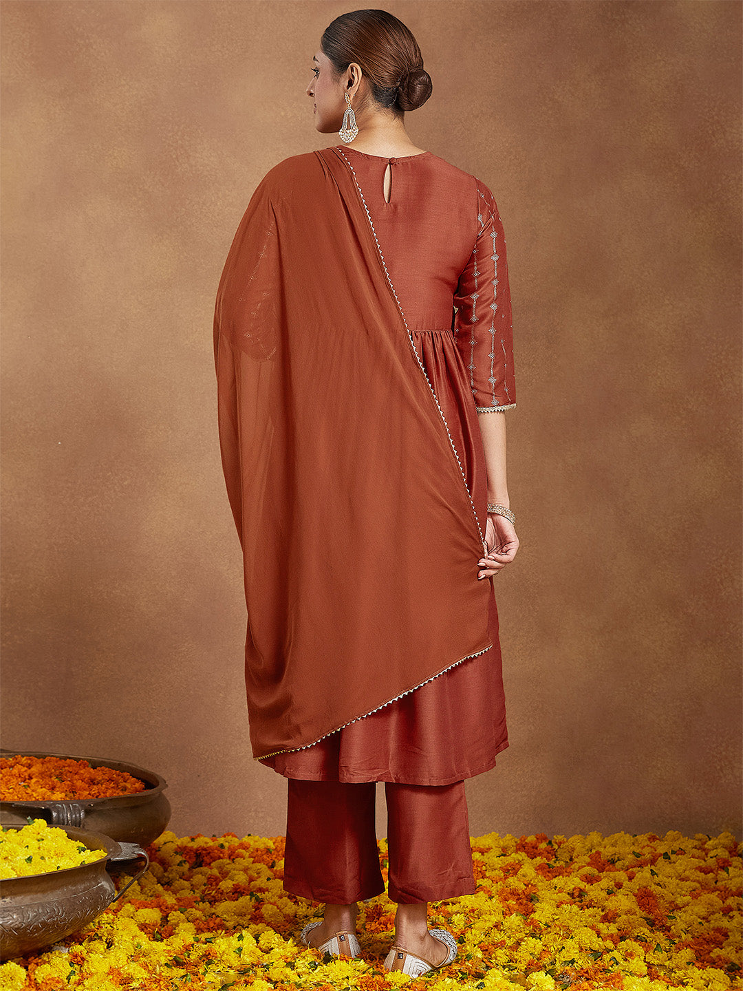 Ninnique Women's Rust Silk Blend Yoke Embroidered Gold Printed A-line Kurta Set With Dupatta
