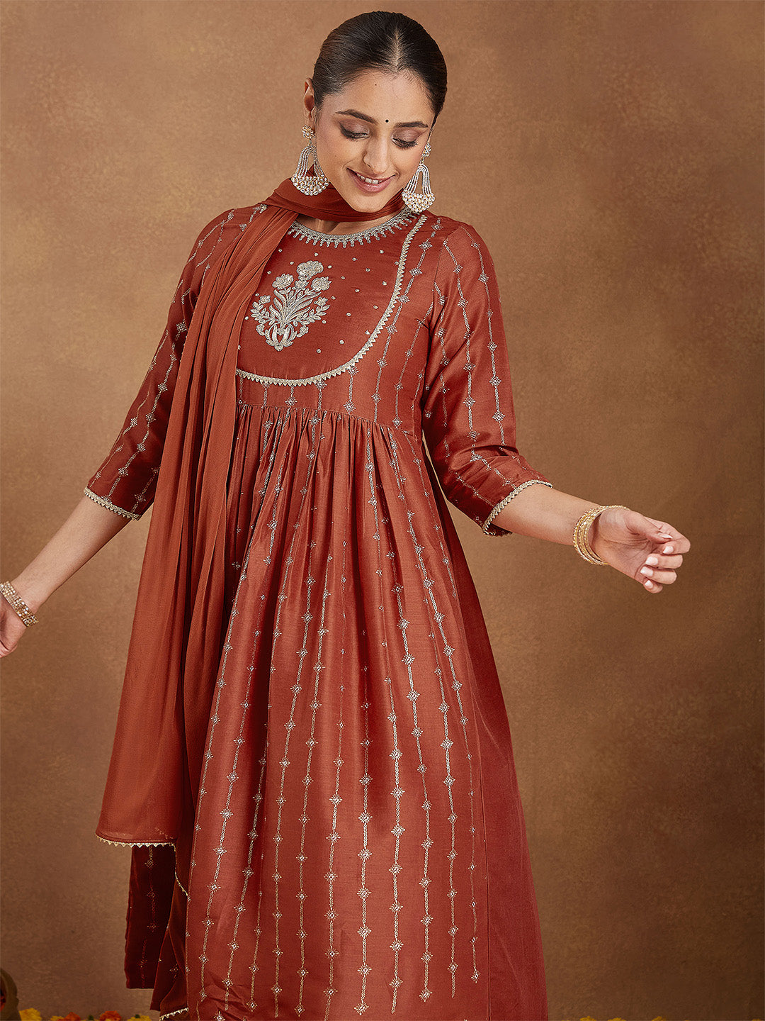 Ninnique Women's Rust Silk Blend Yoke Embroidered Gold Printed A-line Kurta Set With Dupatta