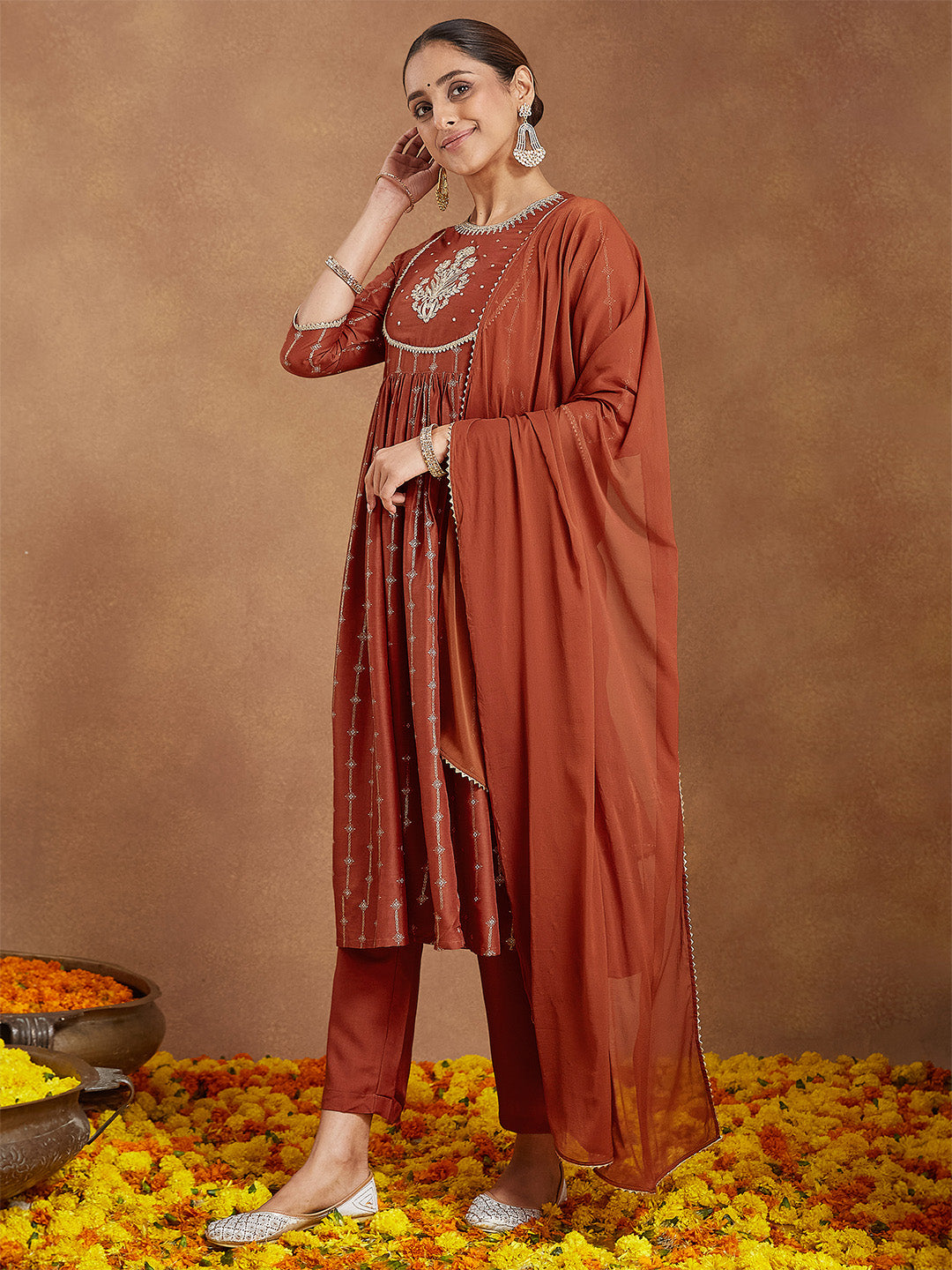 Ninnique Women's Rust Silk Blend Yoke Embroidered Gold Printed A-line Kurta Set With Dupatta