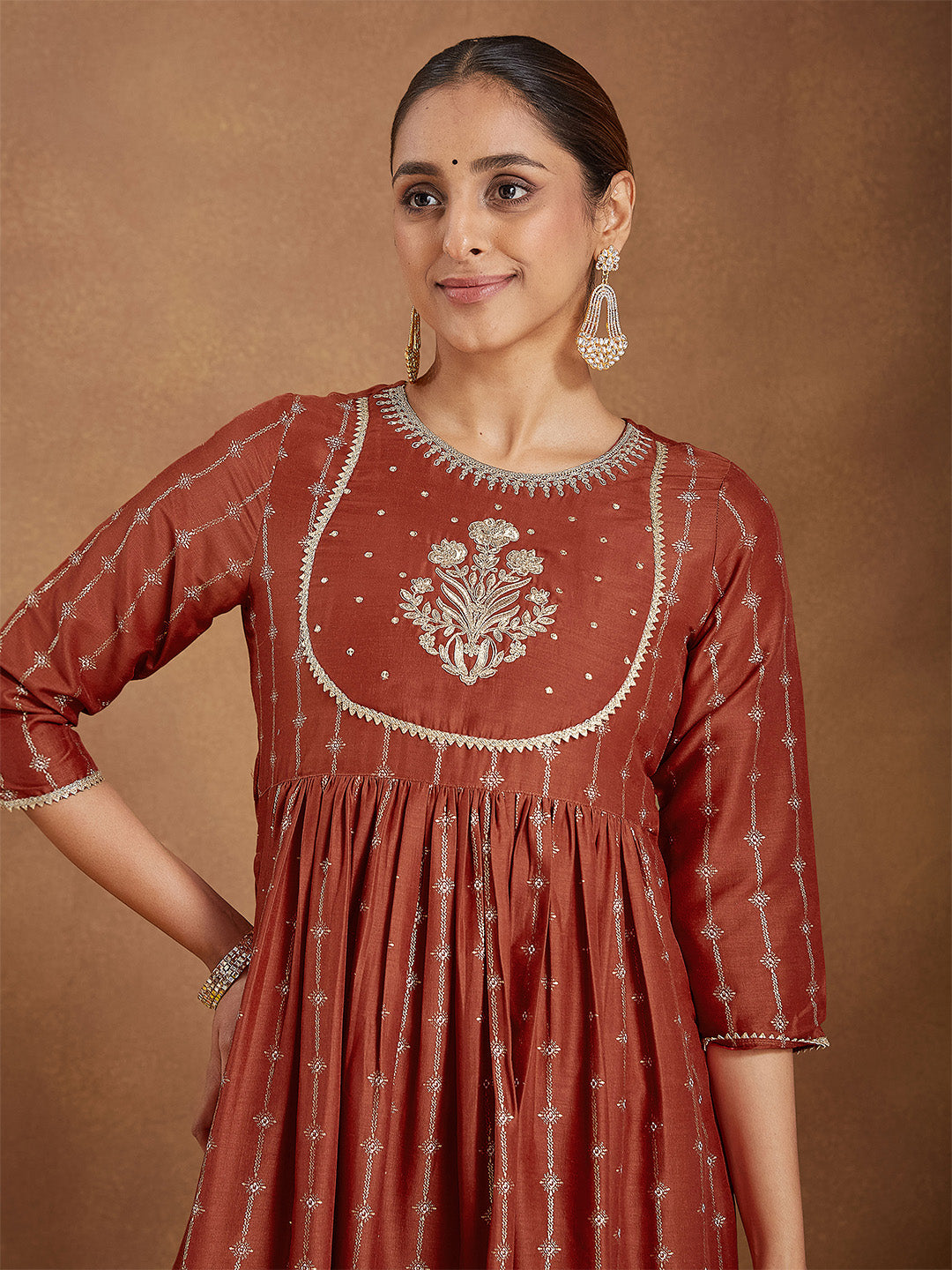 Ninnique Women's Rust Silk Blend Yoke Embroidered Gold Printed A-line Kurta Set With Dupatta
