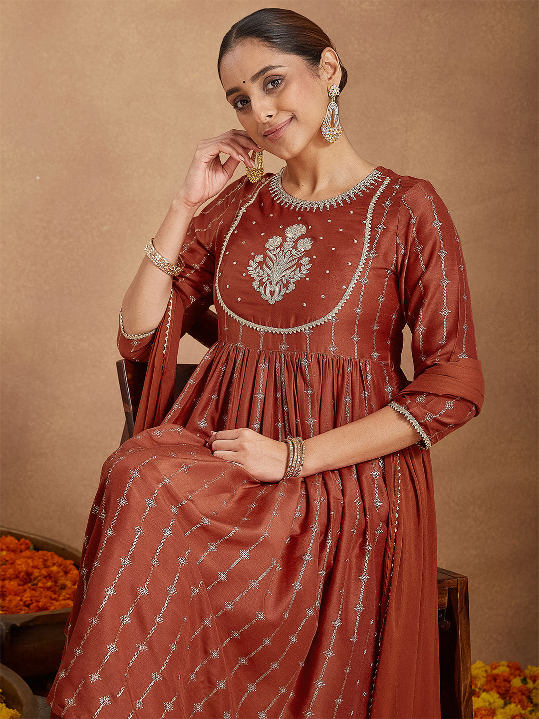 Ninnique Women's Rust Silk Blend Yoke Embroidered Gold Printed A-line Kurta Set With Dupatta