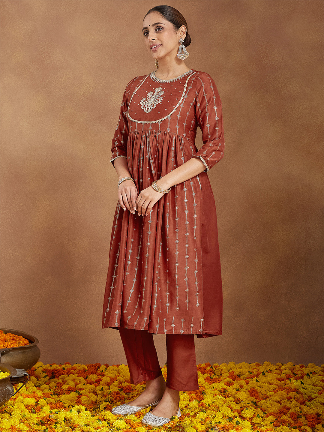 Ninnique Women's Rust Silk Blend Yoke Embroidered Gold Printed A-line Kurta Set With Dupatta