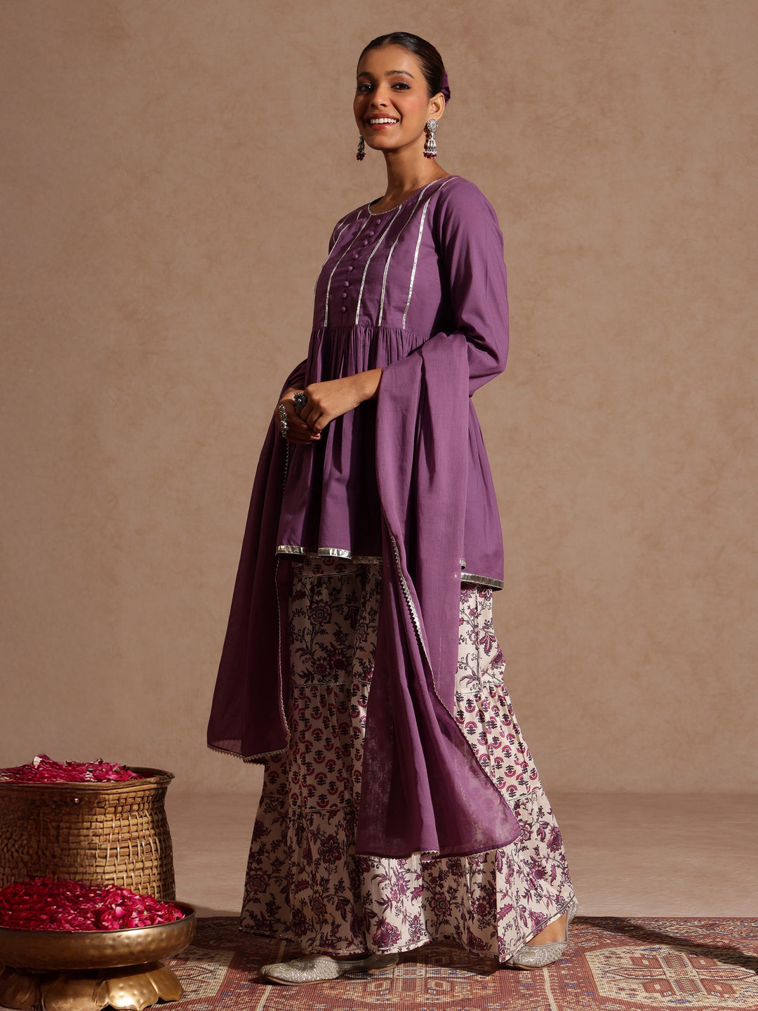 Ninnique Women's Purple Pure Cotton Solid Peplum Top With Sharara & Dupatta Set