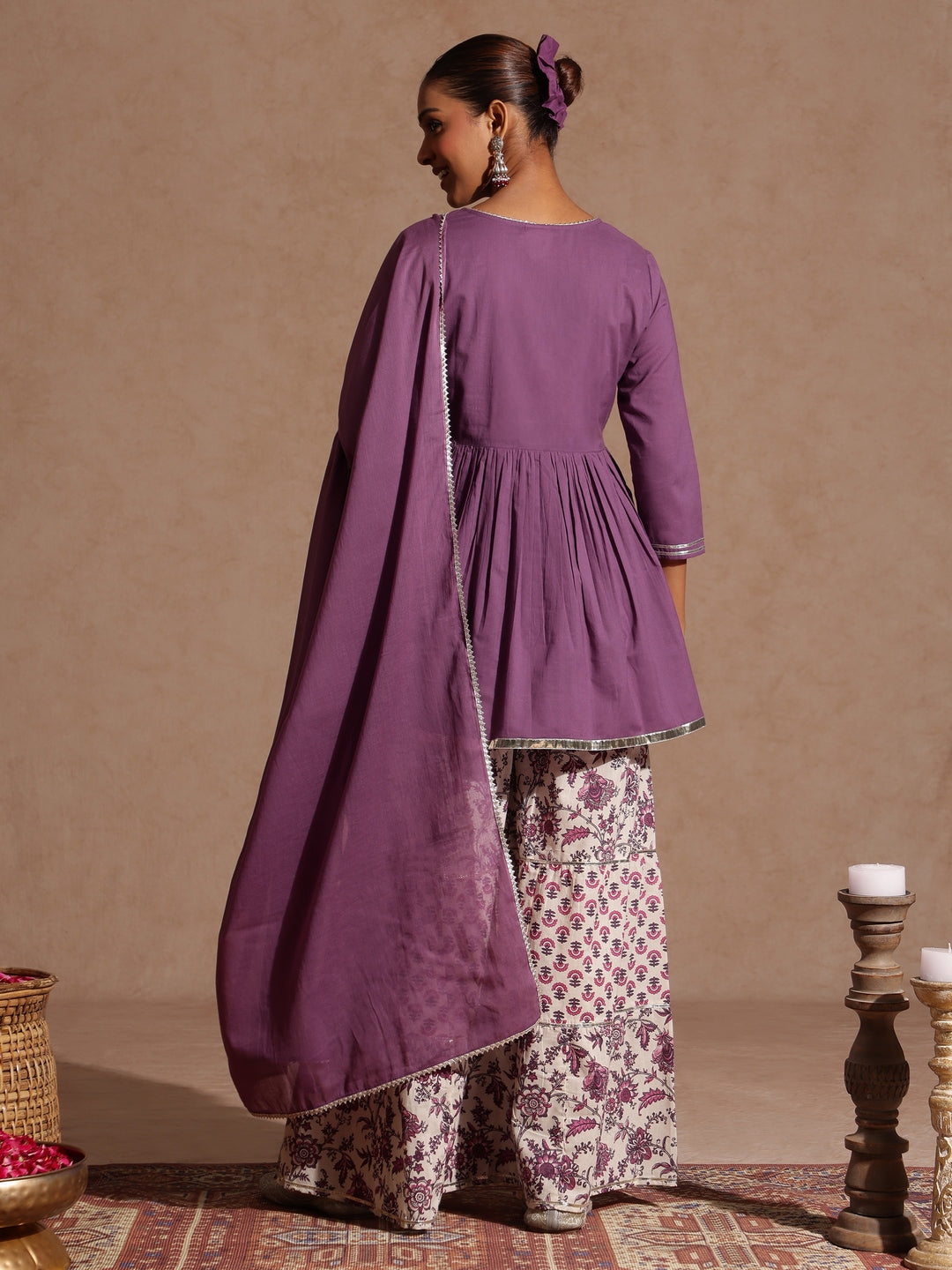 Ninnique Women's Purple Pure Cotton Solid Peplum Top With Sharara & Dupatta Set
