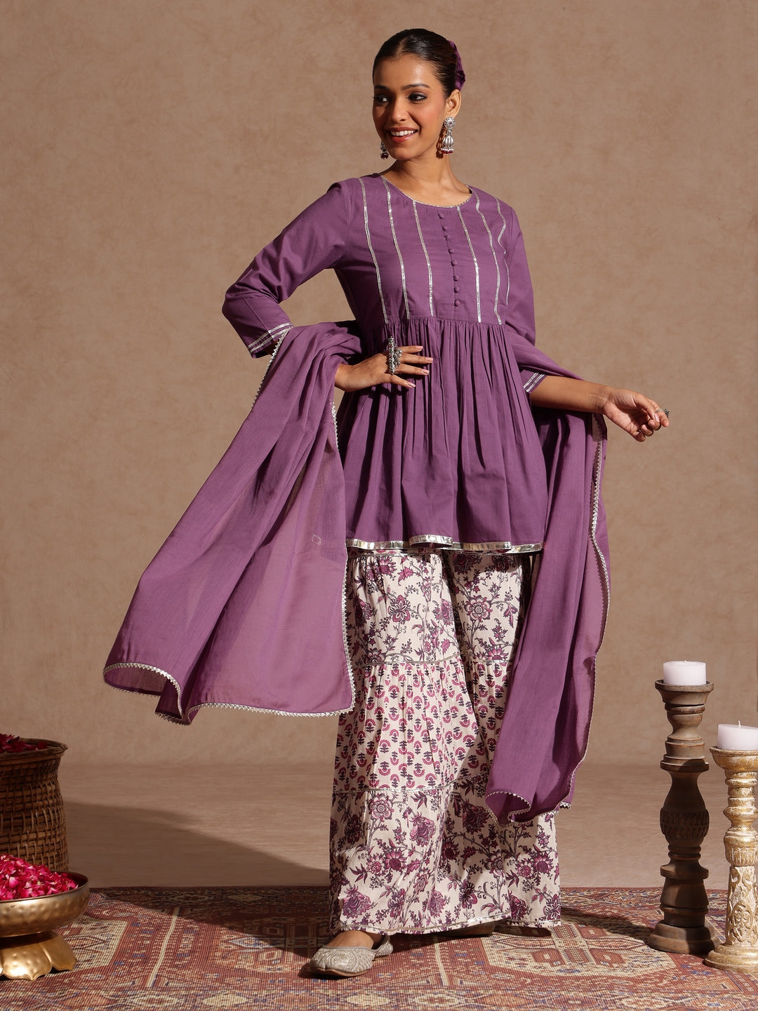Ninnique Women's Purple Pure Cotton Solid Peplum Top With Sharara & Dupatta Set
