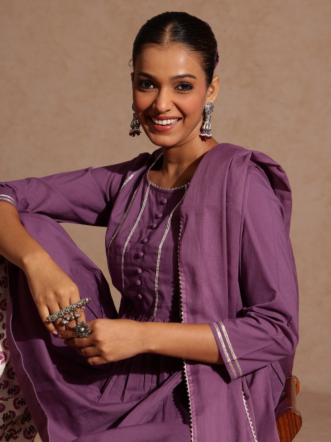 Ninnique Women's Purple Pure Cotton Solid Peplum Top With Sharara & Dupatta Set