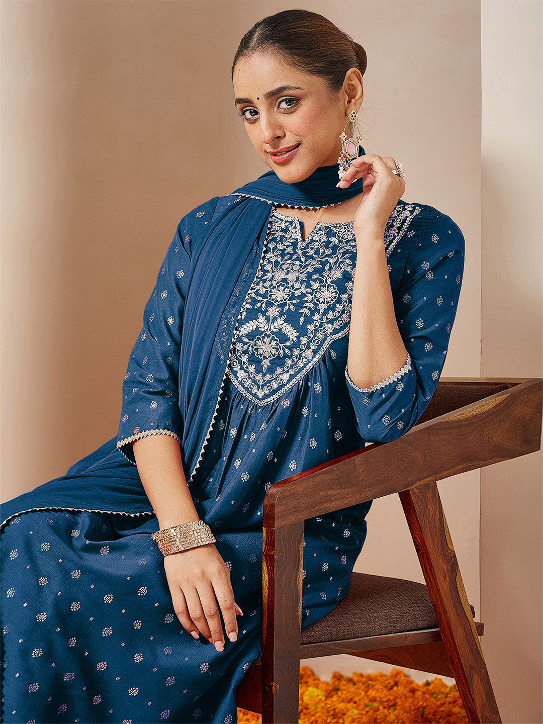 Ninnique Women's Teal Blue Silk Blend Yoke Embroidered Gold Printed A-line Kurta Set With Dupatta