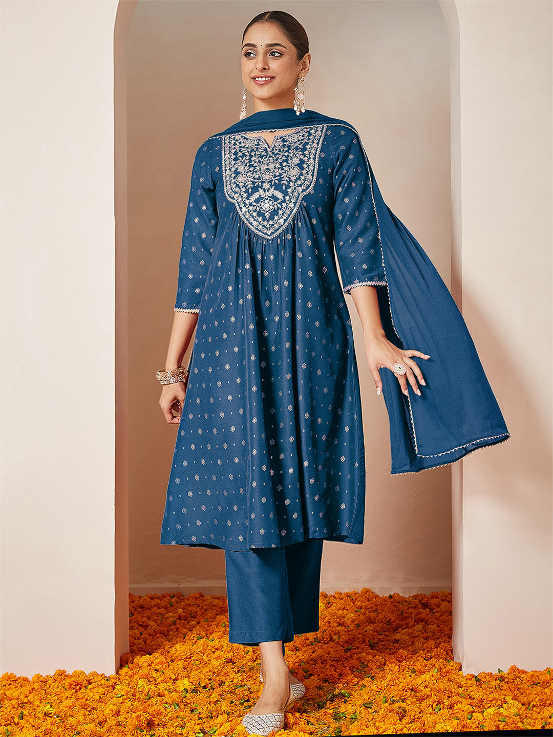 Ninnique Women's Teal Blue Silk Blend Yoke Embroidered Gold Printed A-line Kurta Set With Dupatta