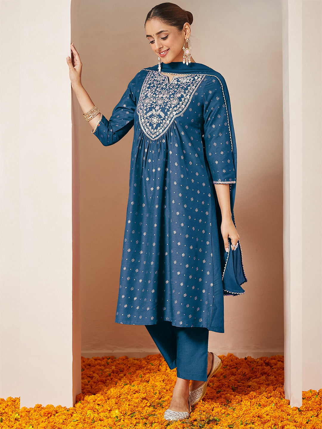 Ninnique Women's Teal Blue Silk Blend Yoke Embroidered Gold Printed A-line Kurta Set With Dupatta