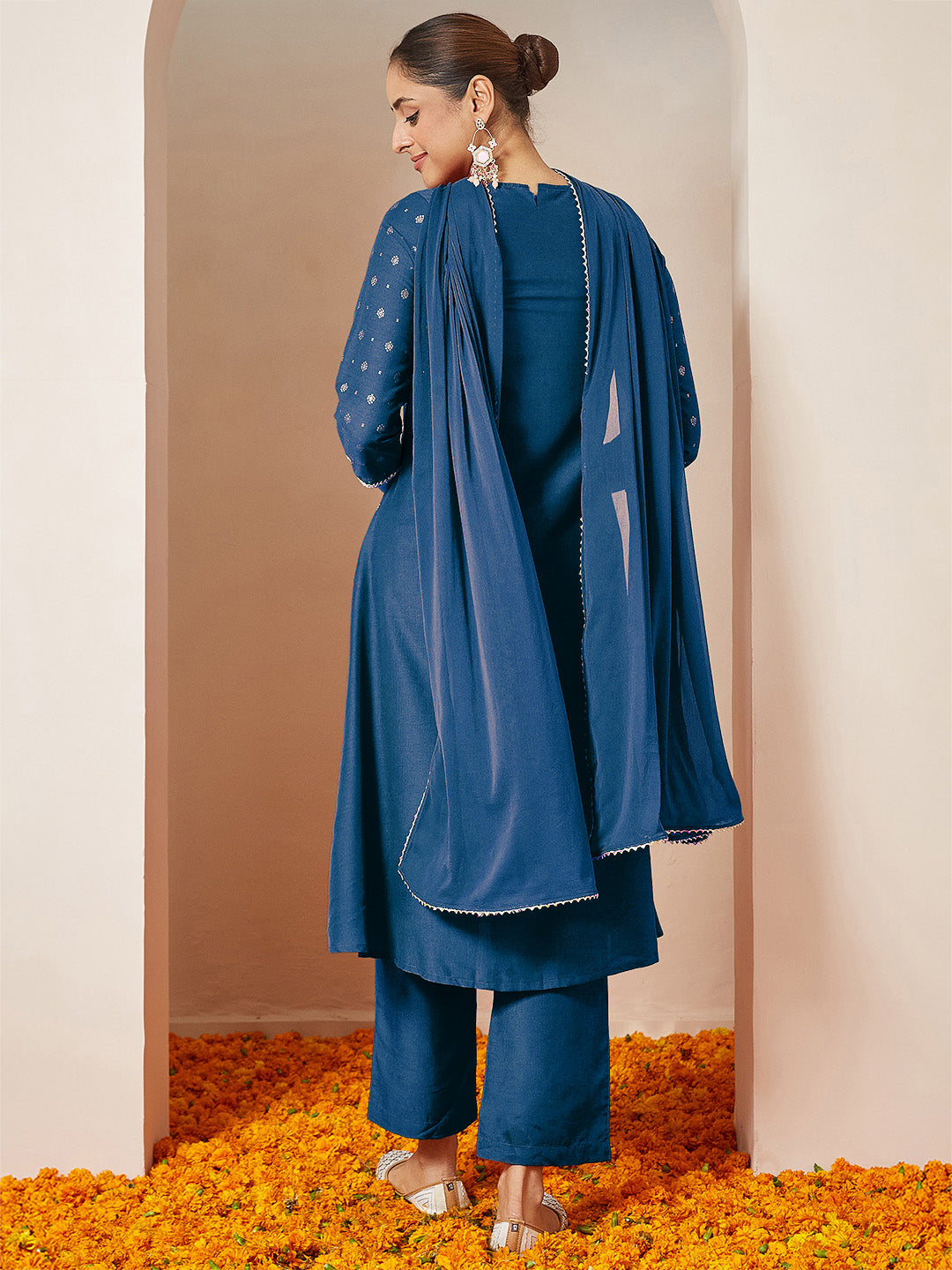 Ninnique Women's Teal Blue Silk Blend Yoke Embroidered Gold Printed A-line Kurta Set With Dupatta