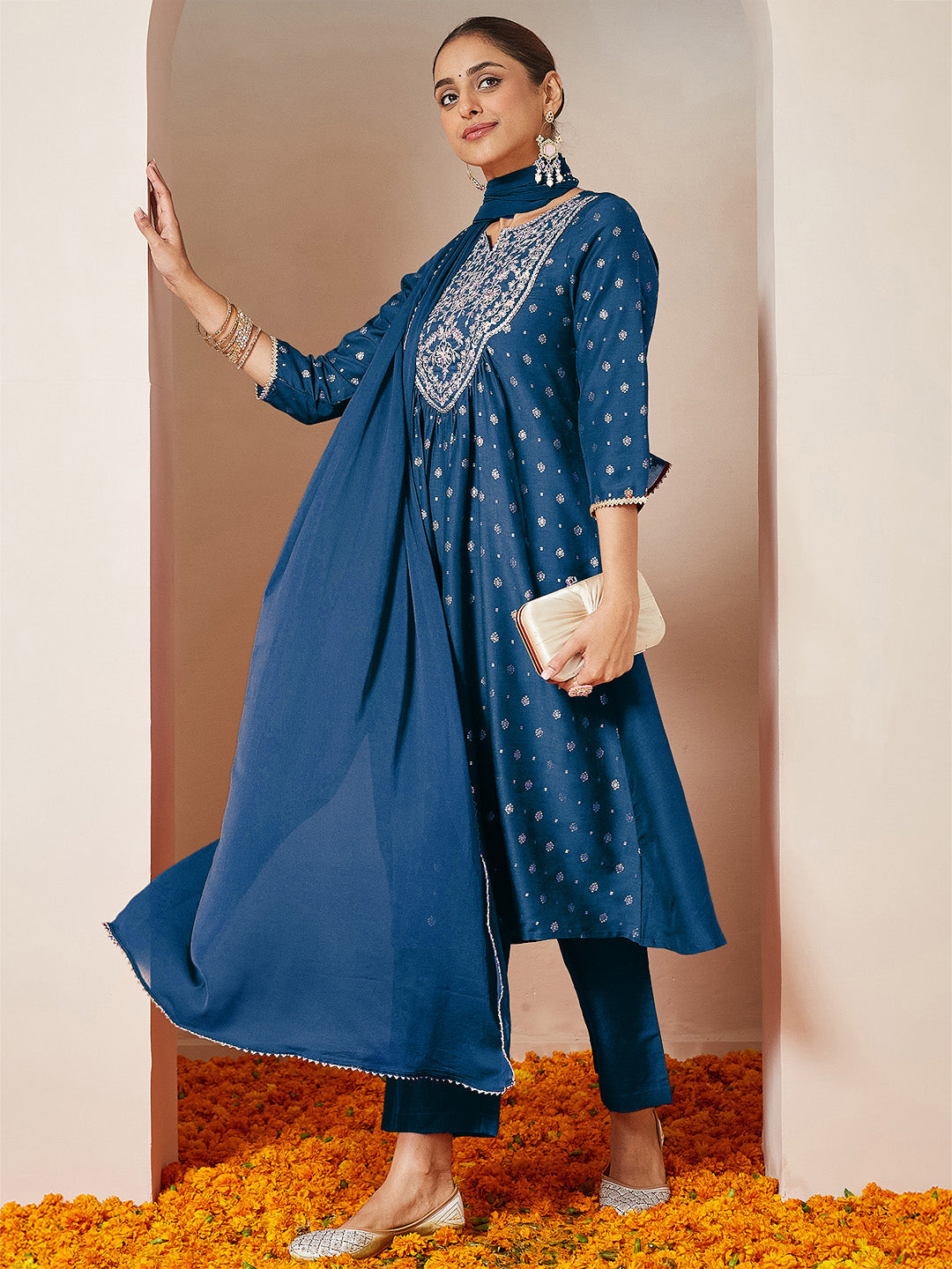 Ninnique Women's Teal Blue Silk Blend Yoke Embroidered Gold Printed A-line Kurta Set With Dupatta