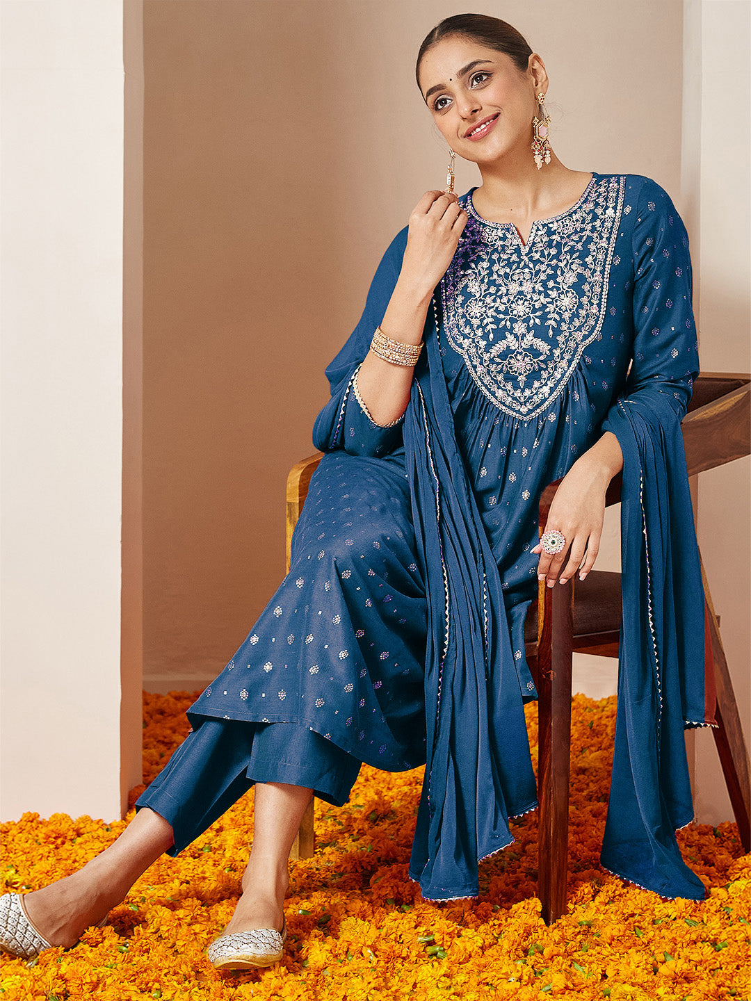 Ninnique Women's Teal Blue Silk Blend Yoke Embroidered Gold Printed A-line Kurta Set With Dupatta