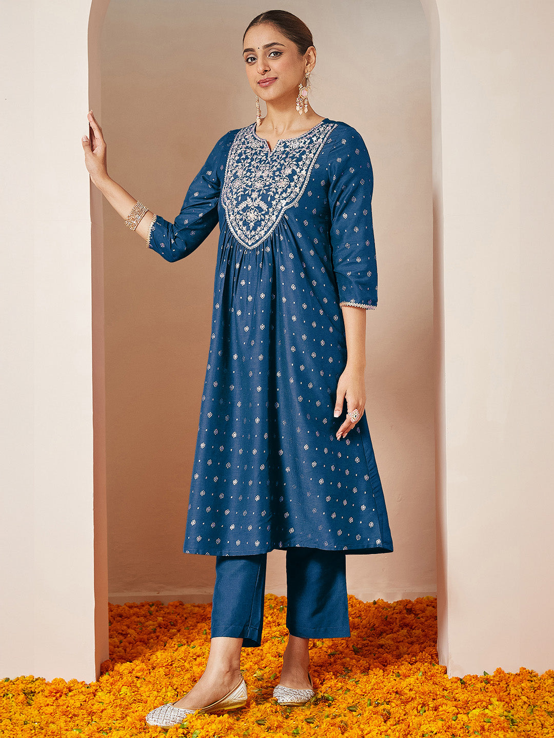 Ninnique Women's Teal Blue Silk Blend Yoke Embroidered Gold Printed A-line Kurta Set With Dupatta