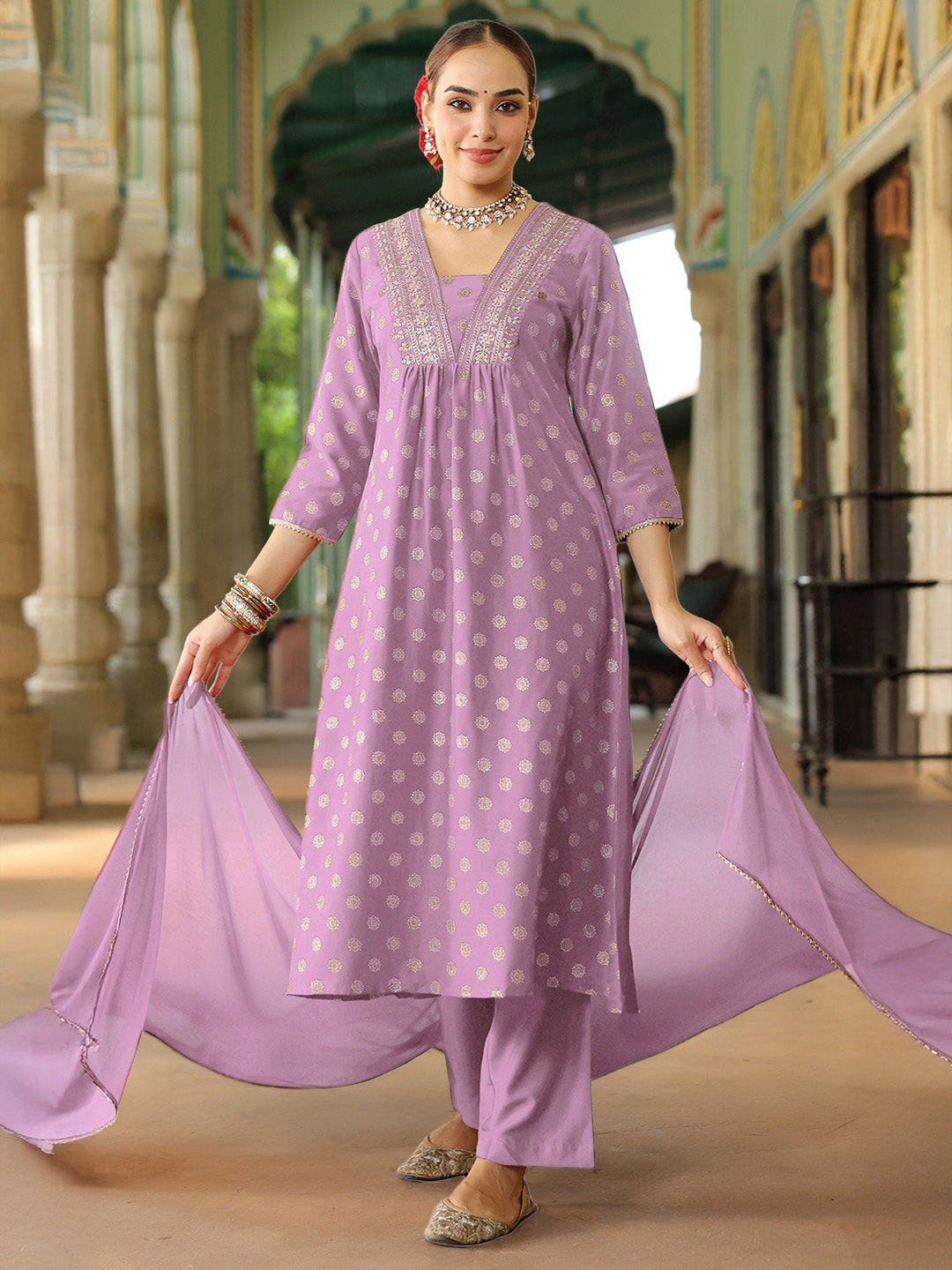 Ninnique Women's Lavender Silk Blend Embellished Gold Printed A-line Kurta Set With Dupatta