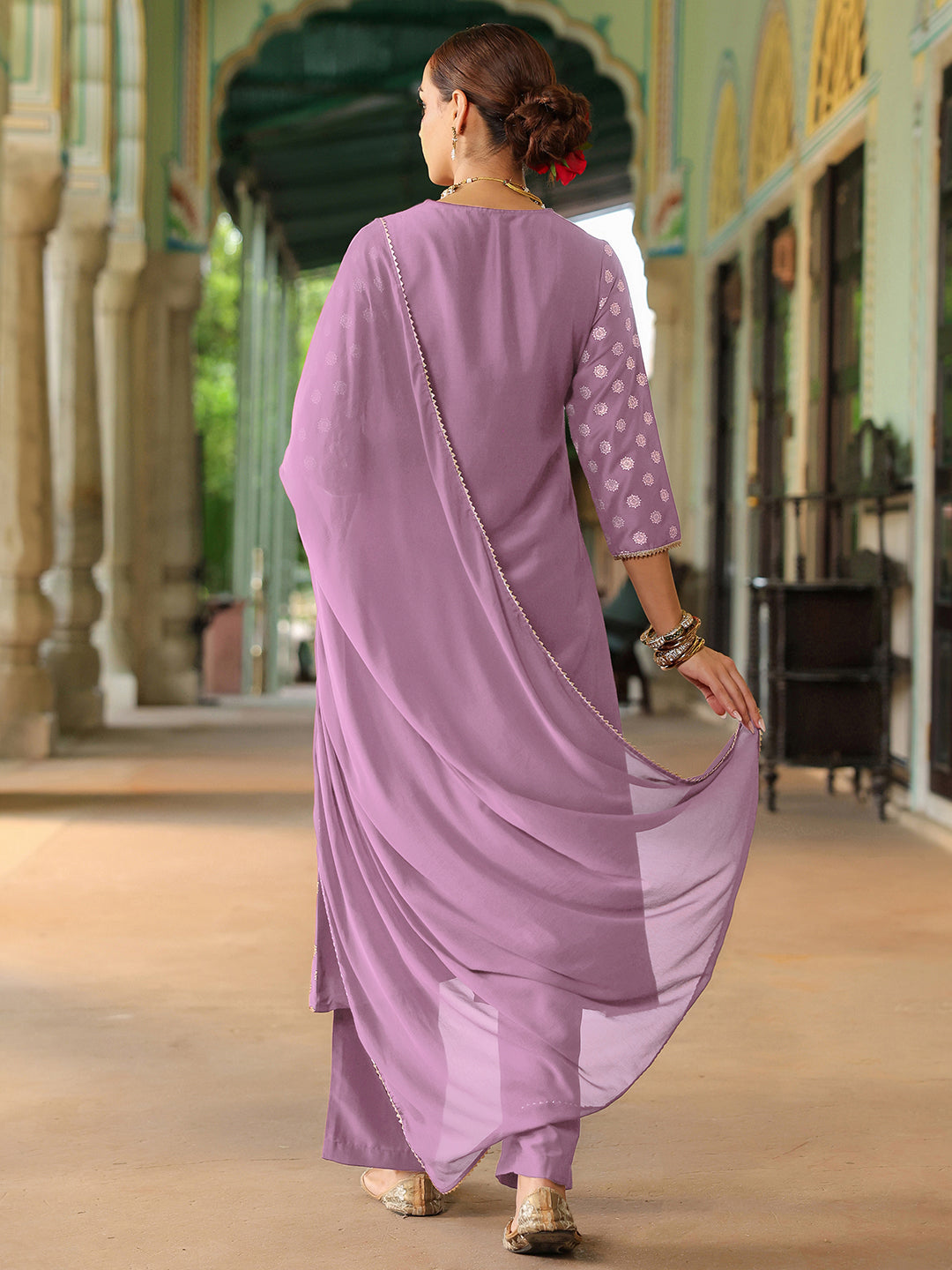 Ninnique Women's Lavender Silk Blend Embellished Gold Printed A-line Kurta Set With Dupatta
