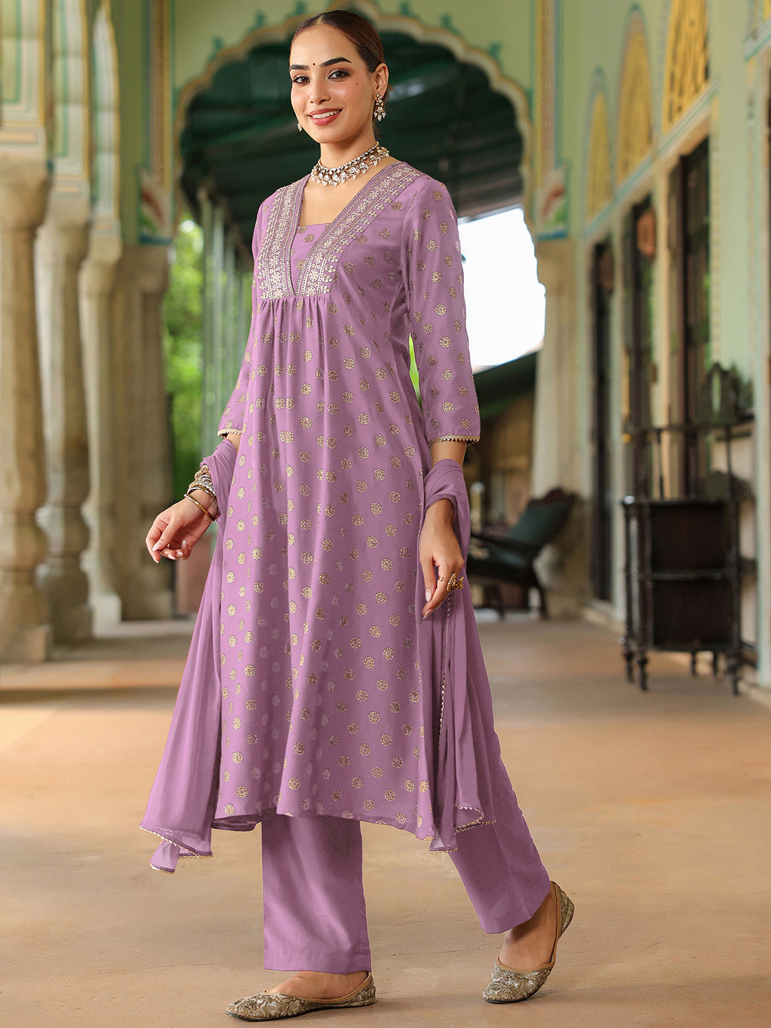 Ninnique Women's Lavender Silk Blend Embellished Gold Printed A-line Kurta Set With Dupatta