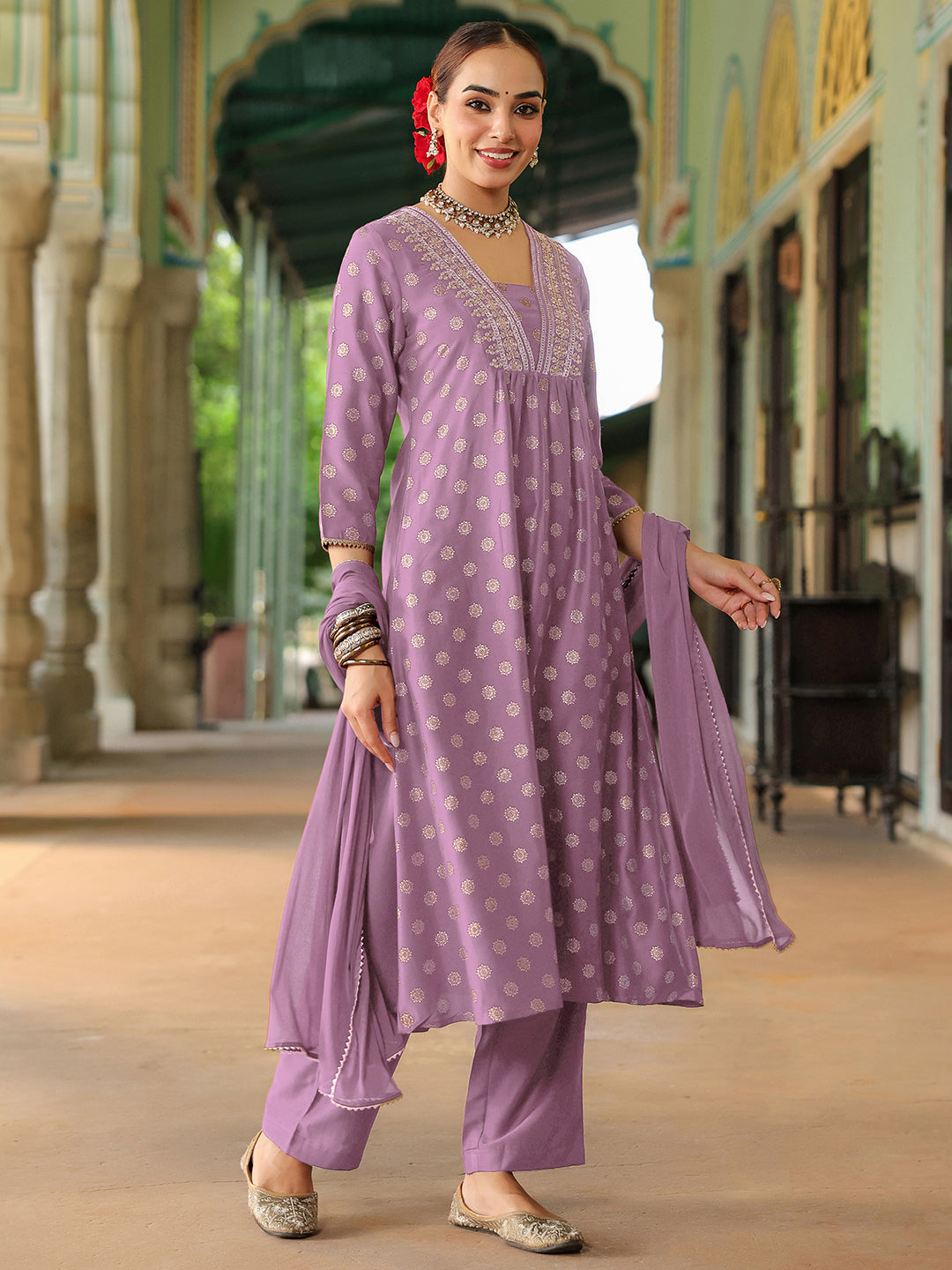 Ninnique Women's Lavender Silk Blend Embellished Gold Printed A-line Kurta Set With Dupatta