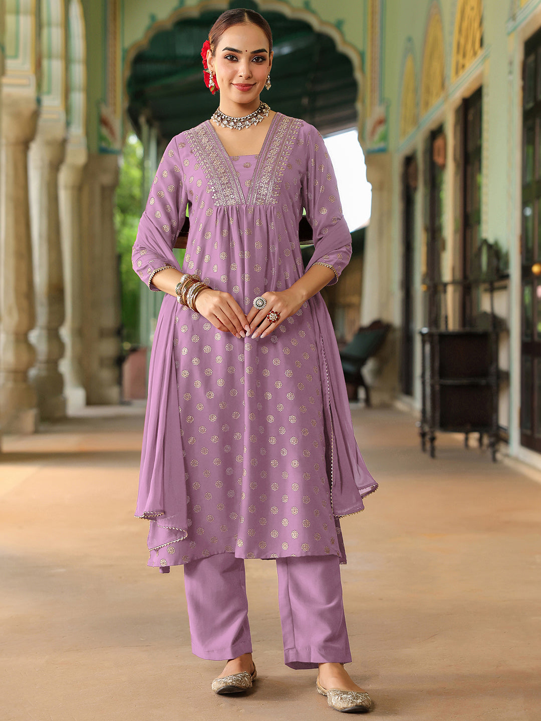 Ninnique Women's Lavender Silk Blend Embellished Gold Printed A-line Kurta Set With Dupatta