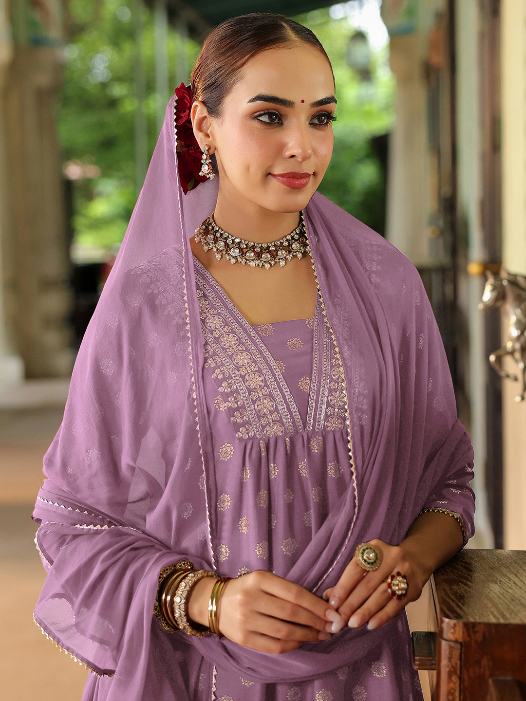 Ninnique Women's Lavender Silk Blend Embellished Gold Printed A-line Kurta Set With Dupatta