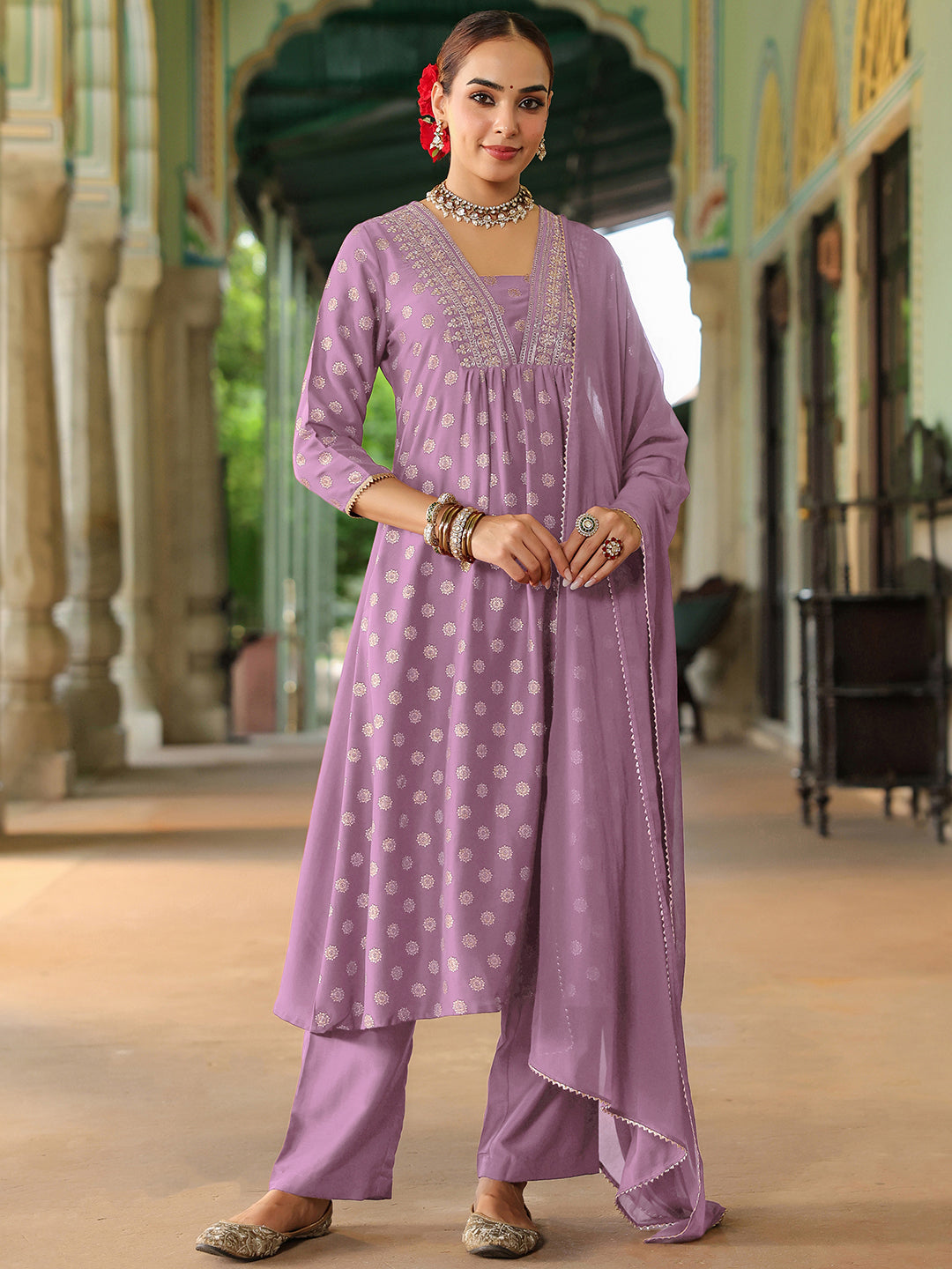 Ninnique Women's Lavender Silk Blend Embellished Gold Printed A-line Kurta Set With Dupatta