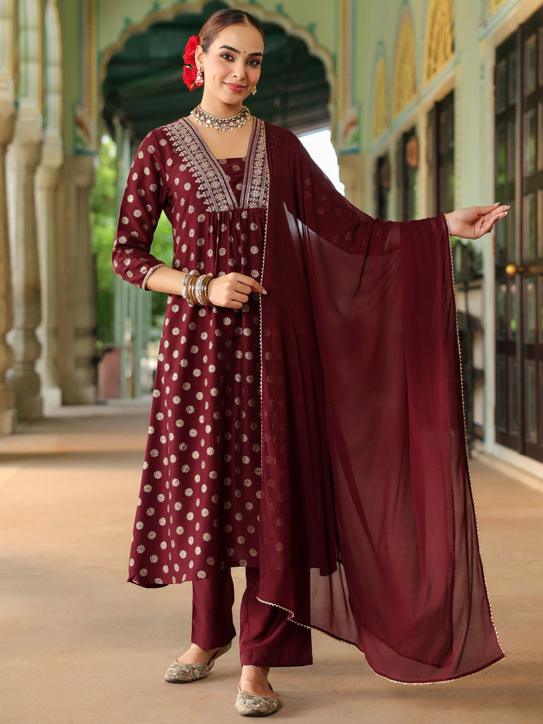 Ninnique Women's Maroon Silk Blend Embellished Gold Printed A-line Kurta Set With Dupatta