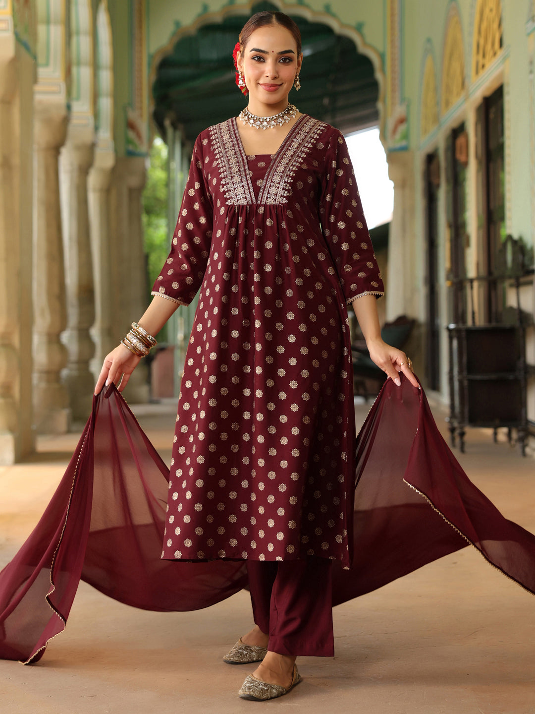 Ninnique Women's Maroon Silk Blend Embellished Gold Printed A-line Kurta Set With Dupatta