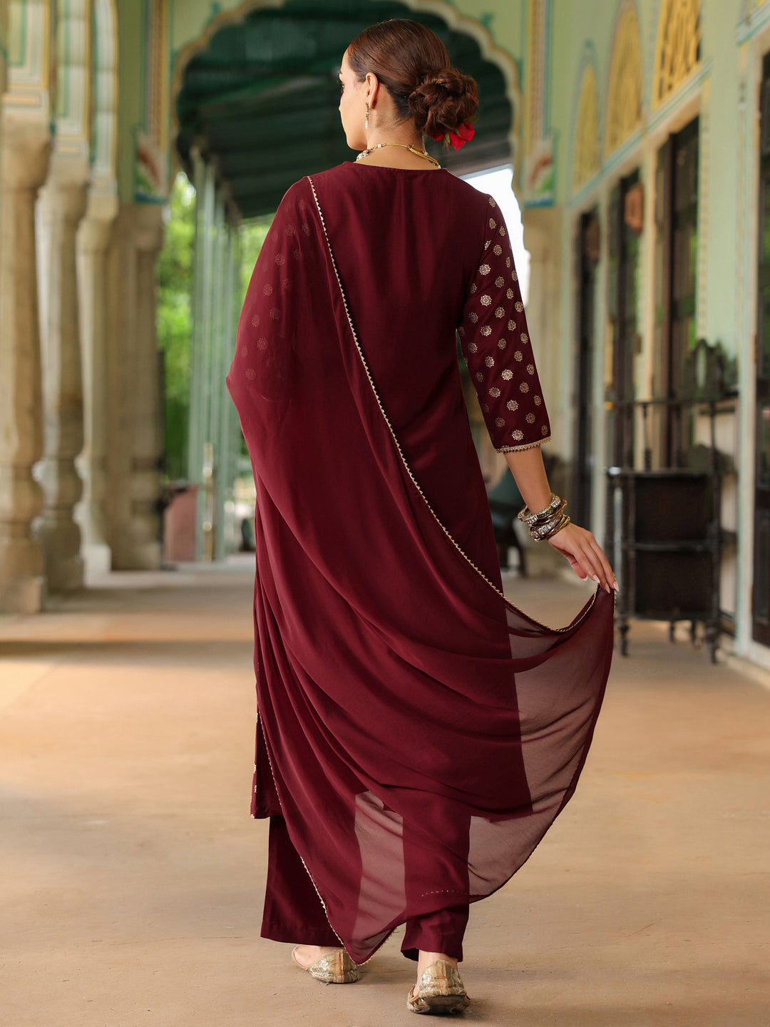 Ninnique Women's Maroon Silk Blend Embellished Gold Printed A-line Kurta Set With Dupatta