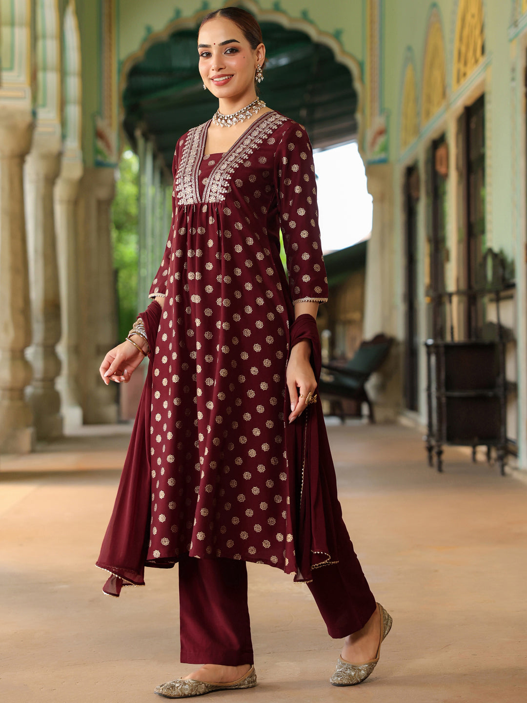 Ninnique Women's Maroon Silk Blend Embellished Gold Printed A-line Kurta Set With Dupatta