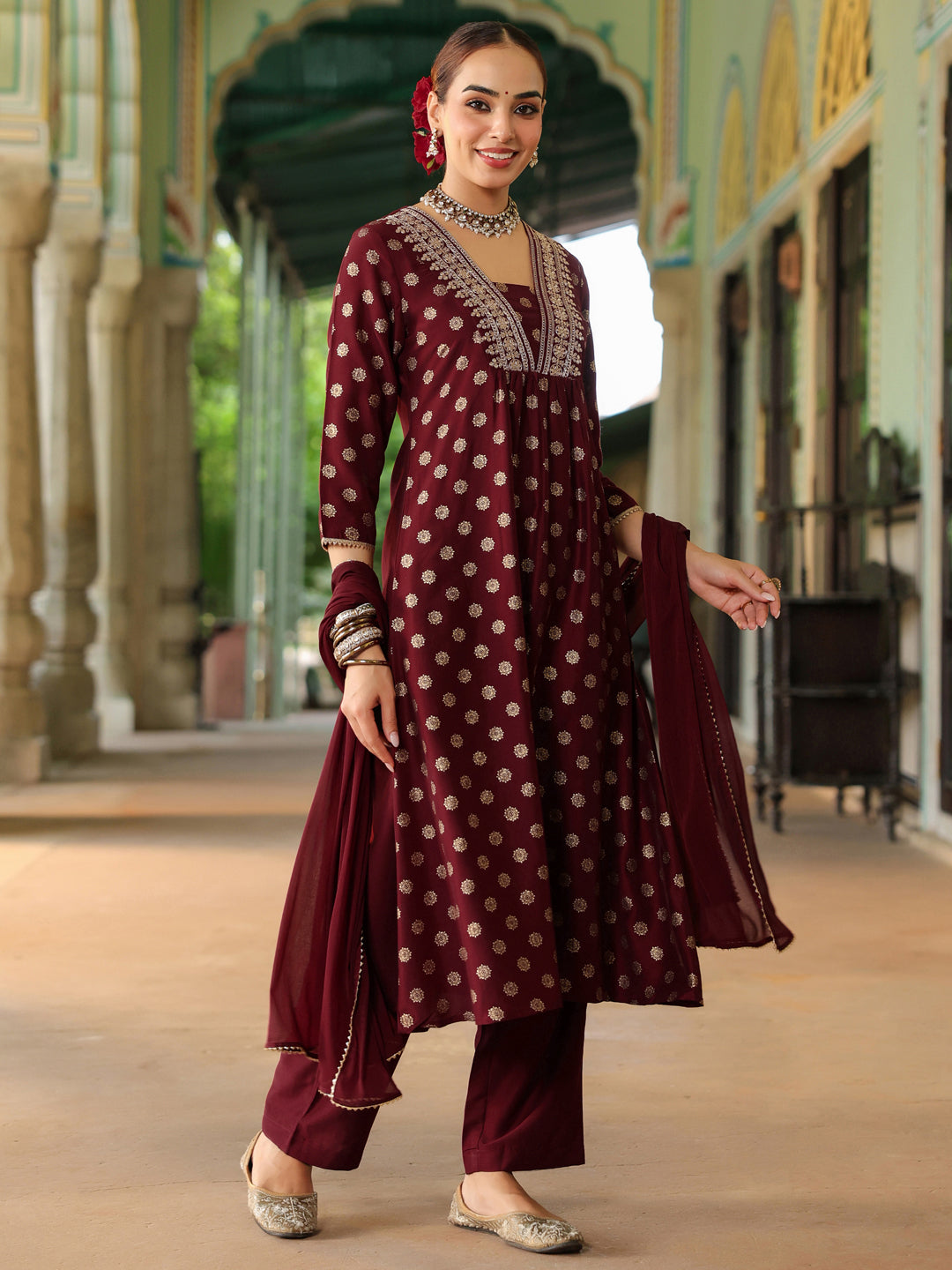 Ninnique Women's Maroon Silk Blend Embellished Gold Printed A-line Kurta Set With Dupatta