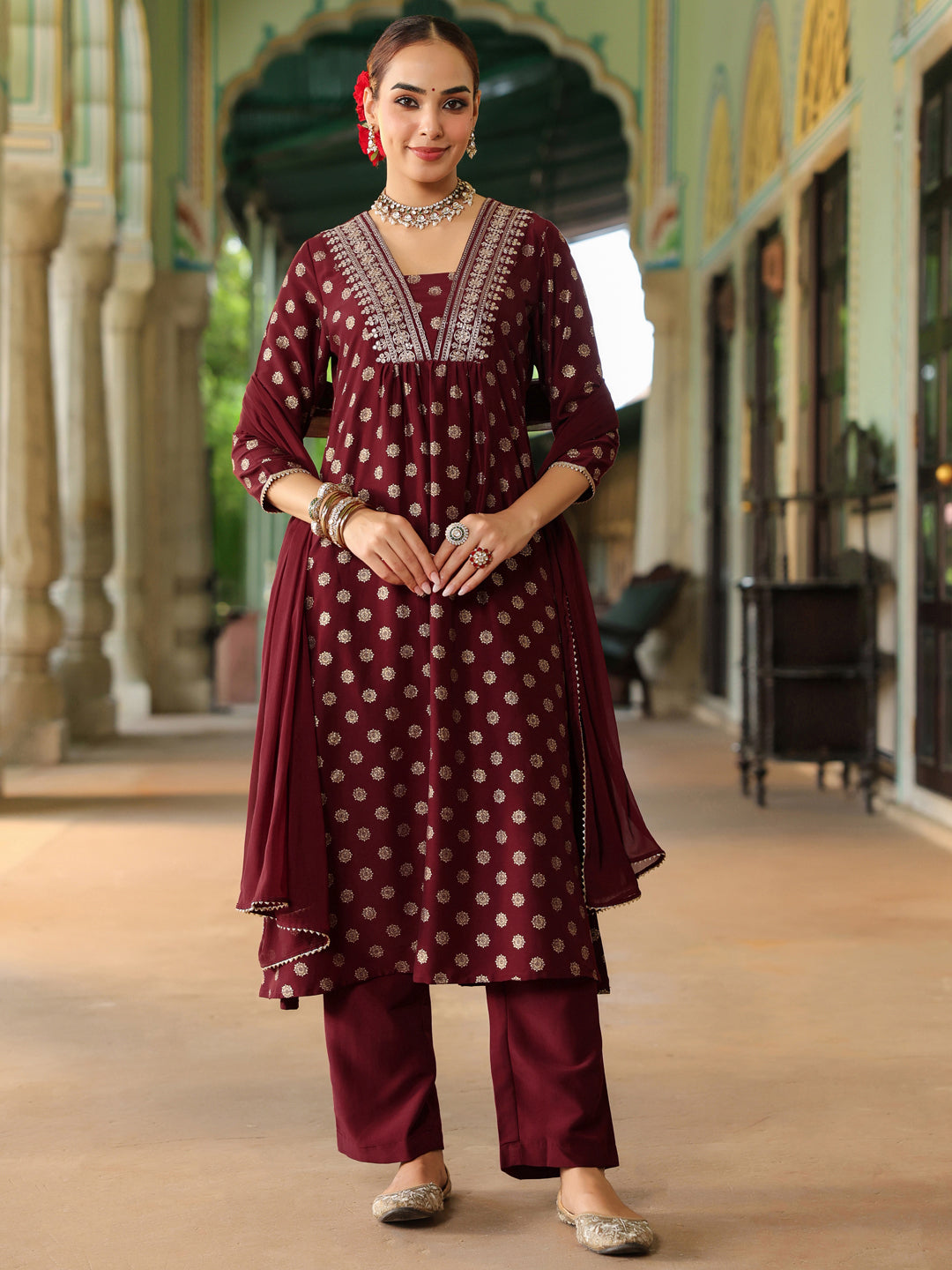 Ninnique Women's Maroon Silk Blend Embellished Gold Printed A-line Kurta Set With Dupatta