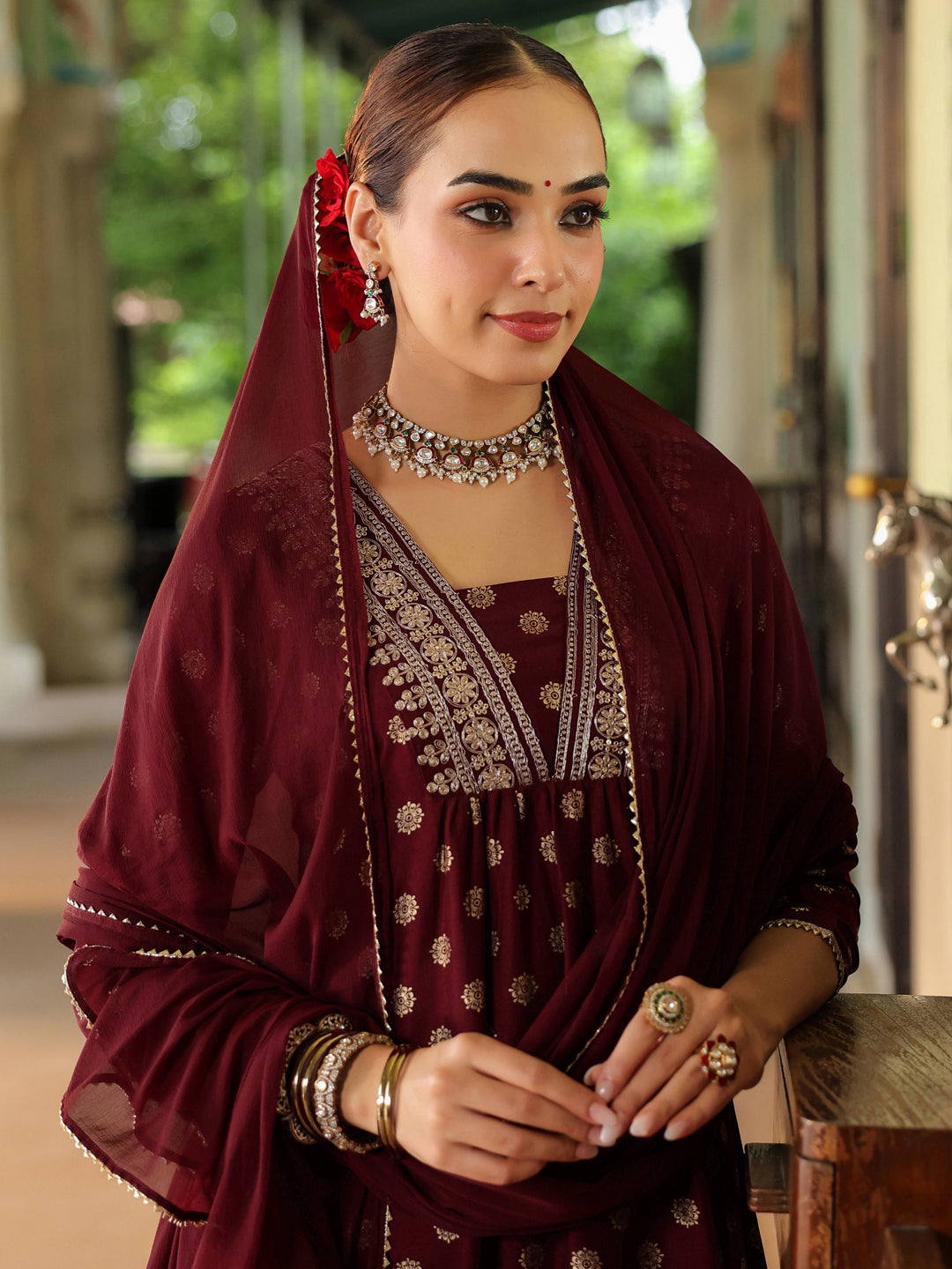 Ninnique Women's Maroon Silk Blend Embellished Gold Printed A-line Kurta Set With Dupatta