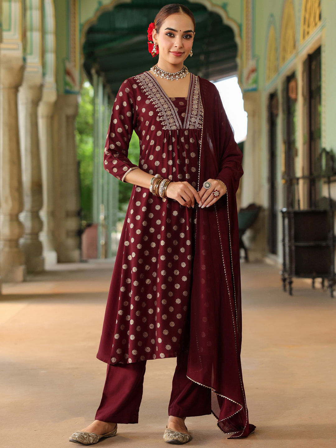 Ninnique Women's Maroon Silk Blend Embellished Gold Printed A-line Kurta Set With Dupatta