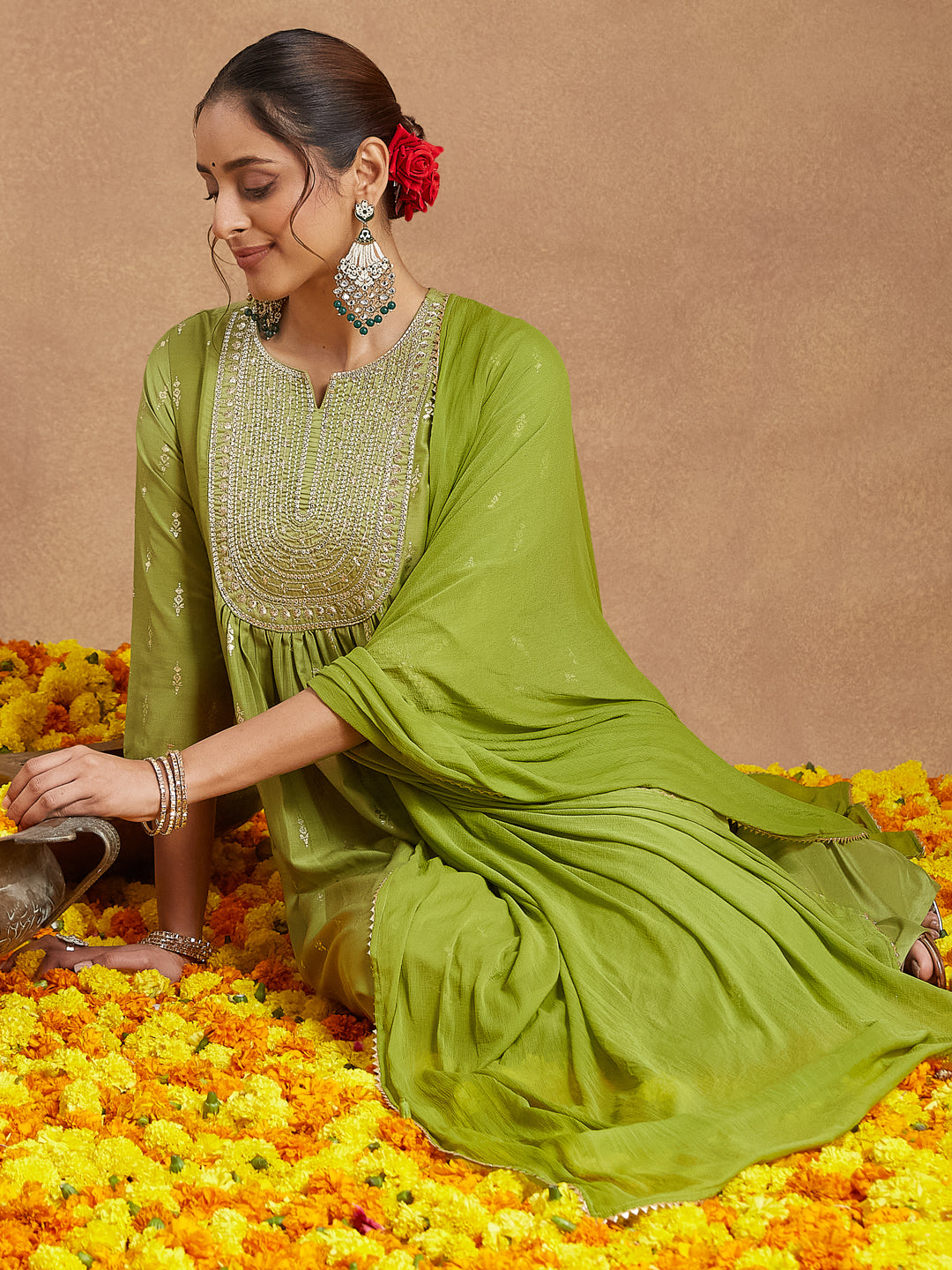 Ninnique Women's Lime Green Silk Blend Zari Yoke Embroidered Gold Printed A-line Kurta Set