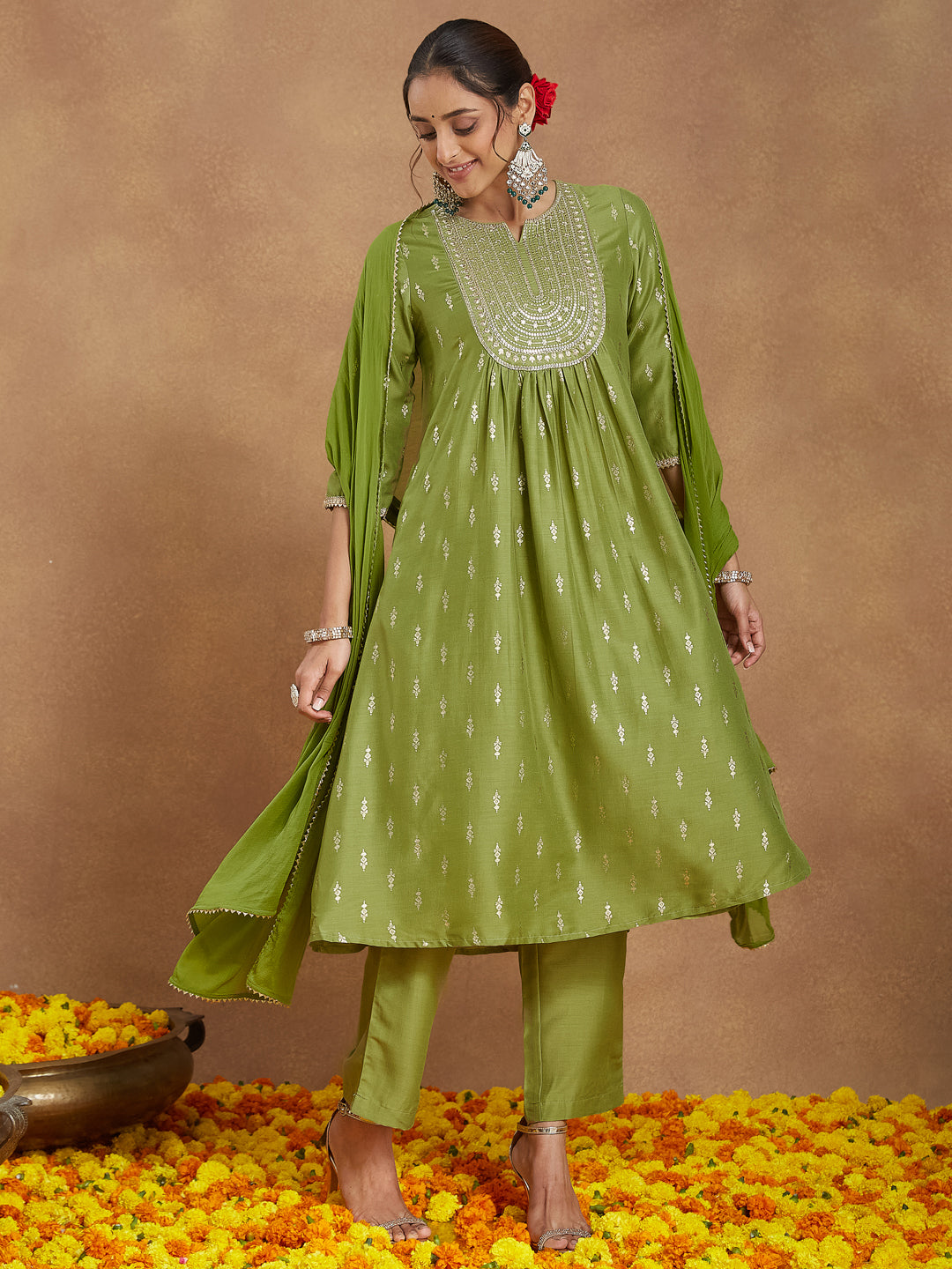 Ninnique Women's Lime Green Silk Blend Zari Yoke Embroidered Gold Printed A-line Kurta Set