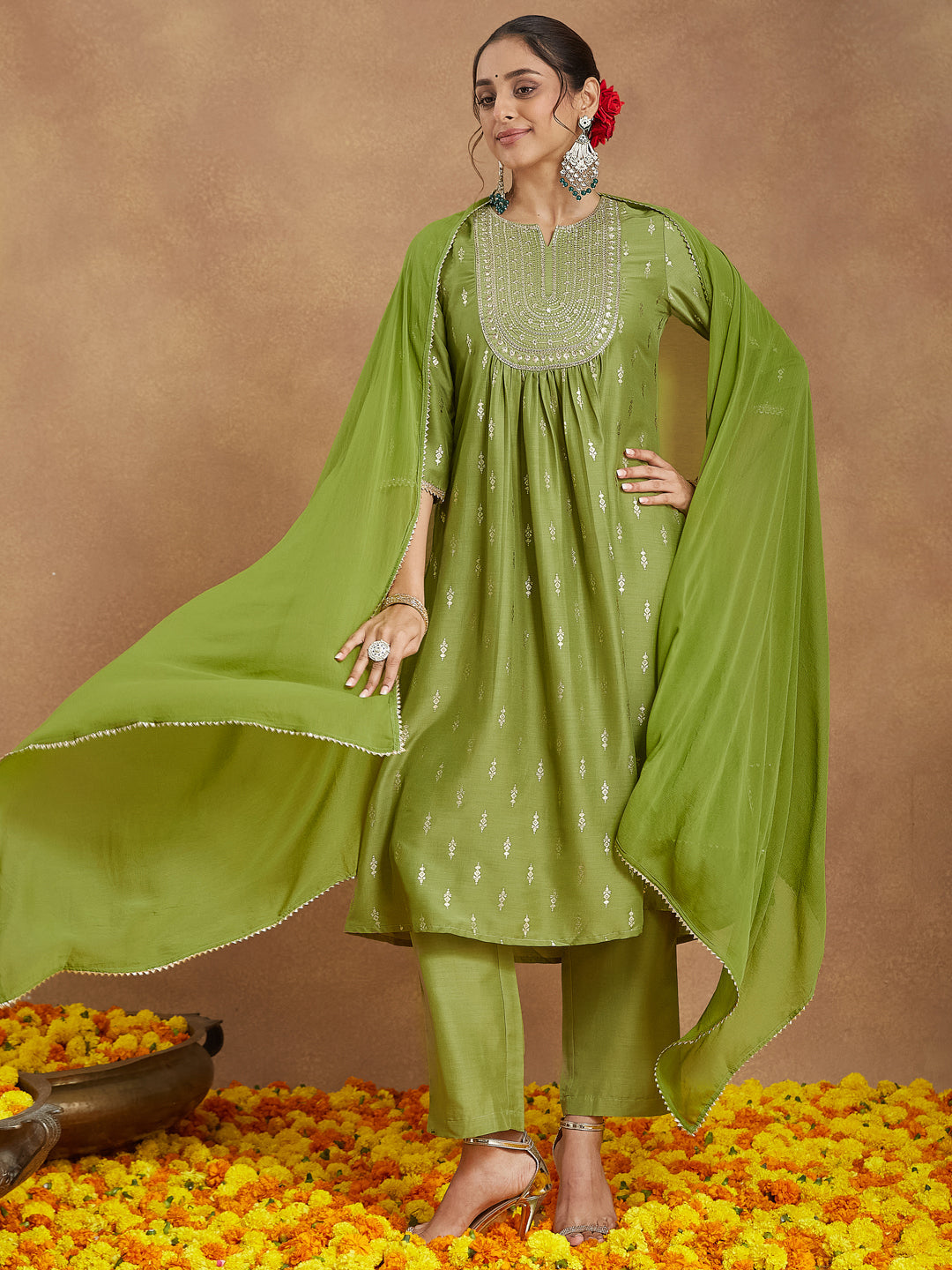 Ninnique Women's Lime Green Silk Blend Zari Yoke Embroidered Gold Printed A-line Kurta Set