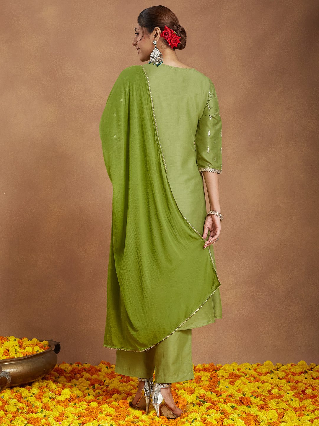 Ninnique Women's Lime Green Silk Blend Zari Yoke Embroidered Gold Printed A-line Kurta Set