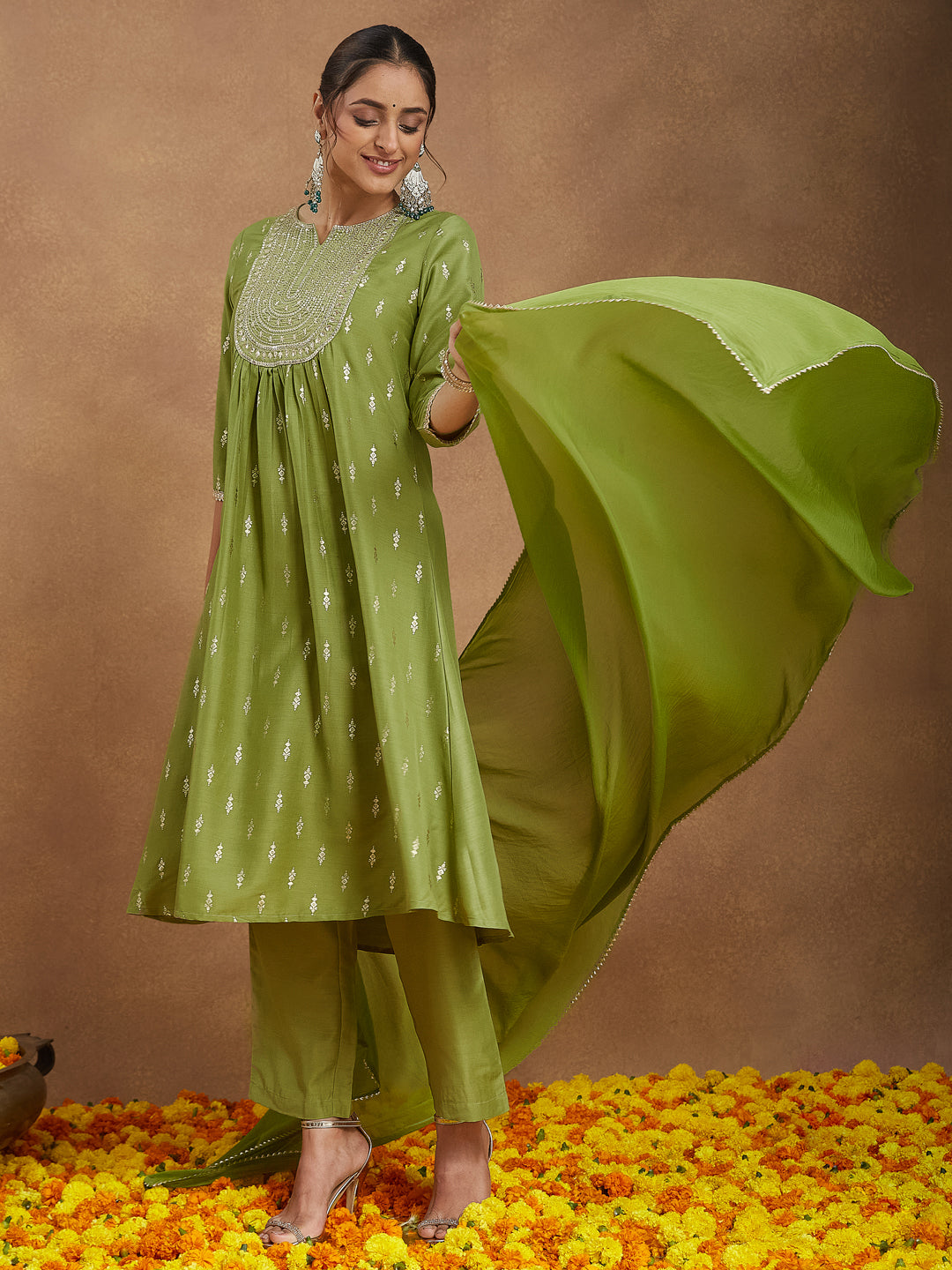 Ninnique Women's Lime Green Silk Blend Zari Yoke Embroidered Gold Printed A-line Kurta Set