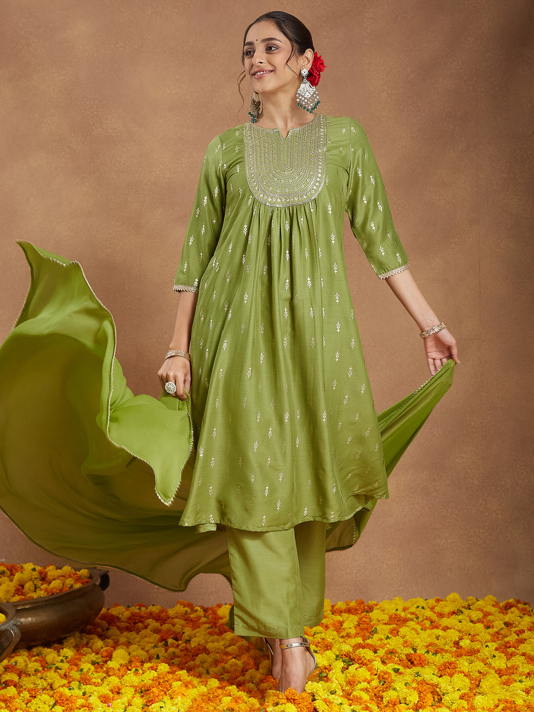 Ninnique Women's Lime Green Silk Blend Zari Yoke Embroidered Gold Printed A-line Kurta Set