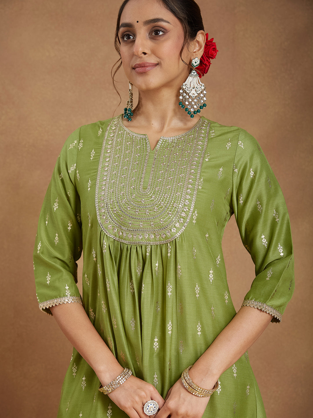 Ninnique Women's Lime Green Silk Blend Zari Yoke Embroidered Gold Printed A-line Kurta Set