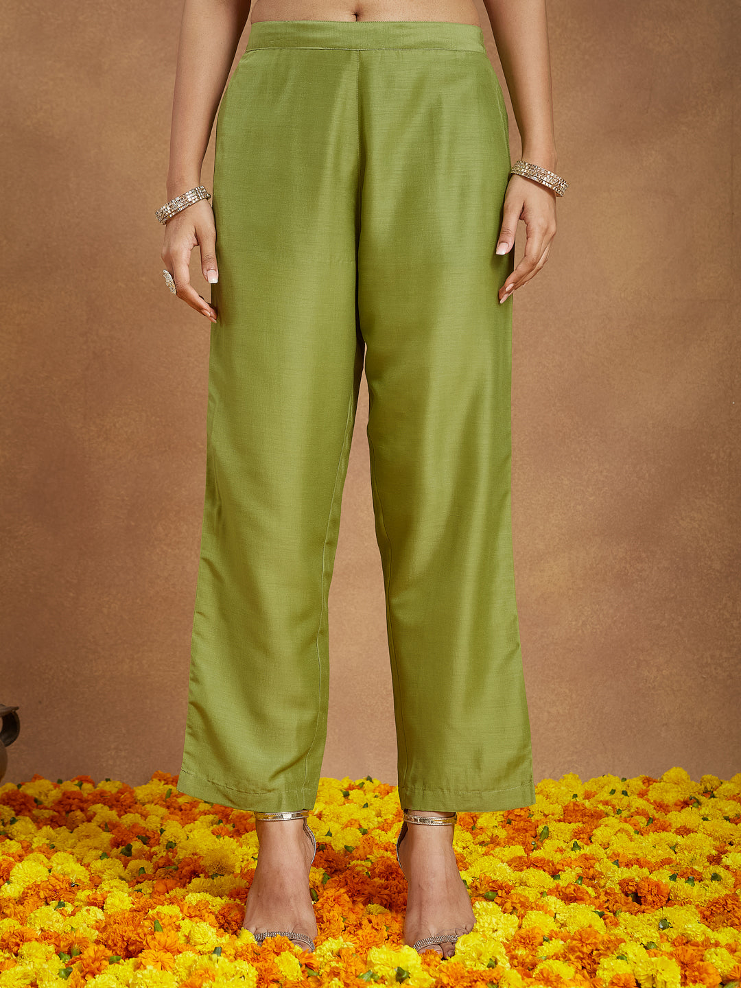 Ninnique Women's Lime Green Silk Blend Zari Yoke Embroidered Gold Printed A-line Kurta Set