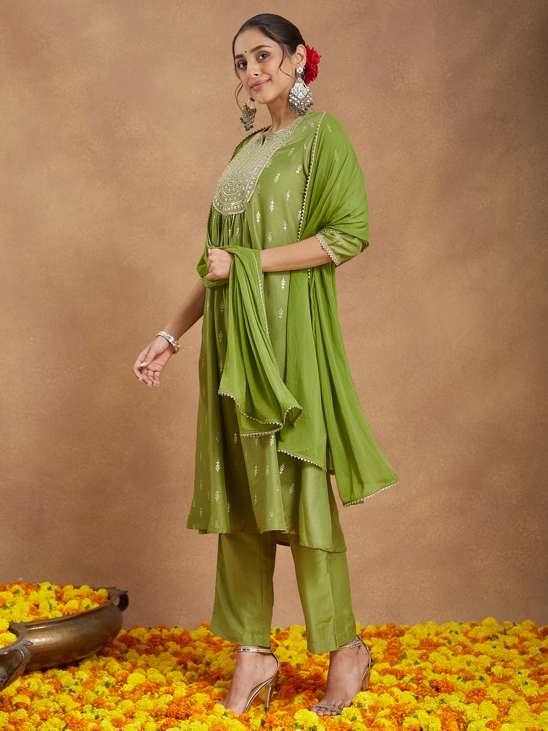 Ninnique Women's Lime Green Silk Blend Zari Yoke Embroidered Gold Printed A-line Kurta Set